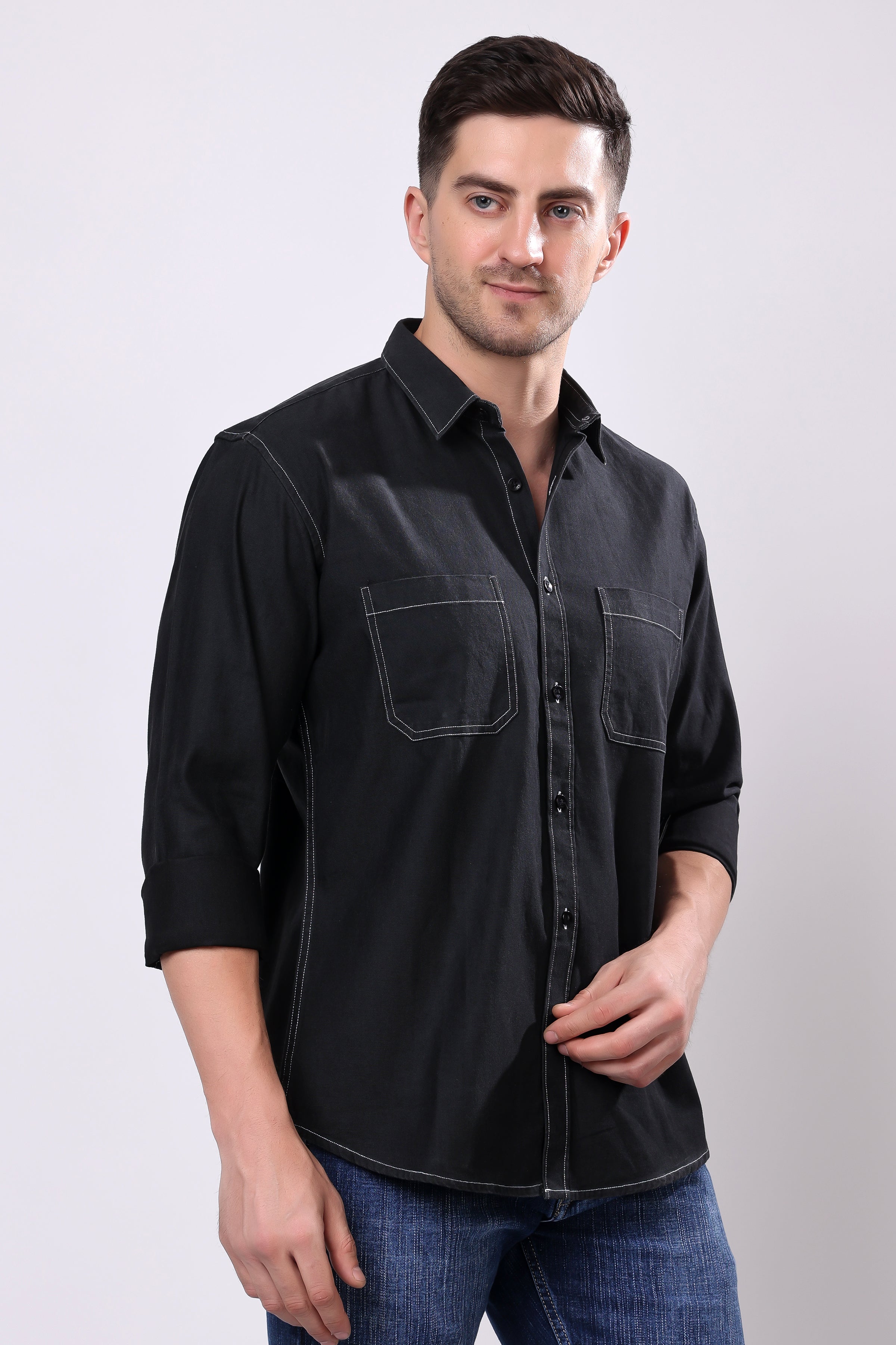 Stylox Men's Solid Denim Full Sleeve Casual Shirt with Double Chest Pockets – Premium Cotton Denim Shirt for Rugged Everyday Style - Stylox