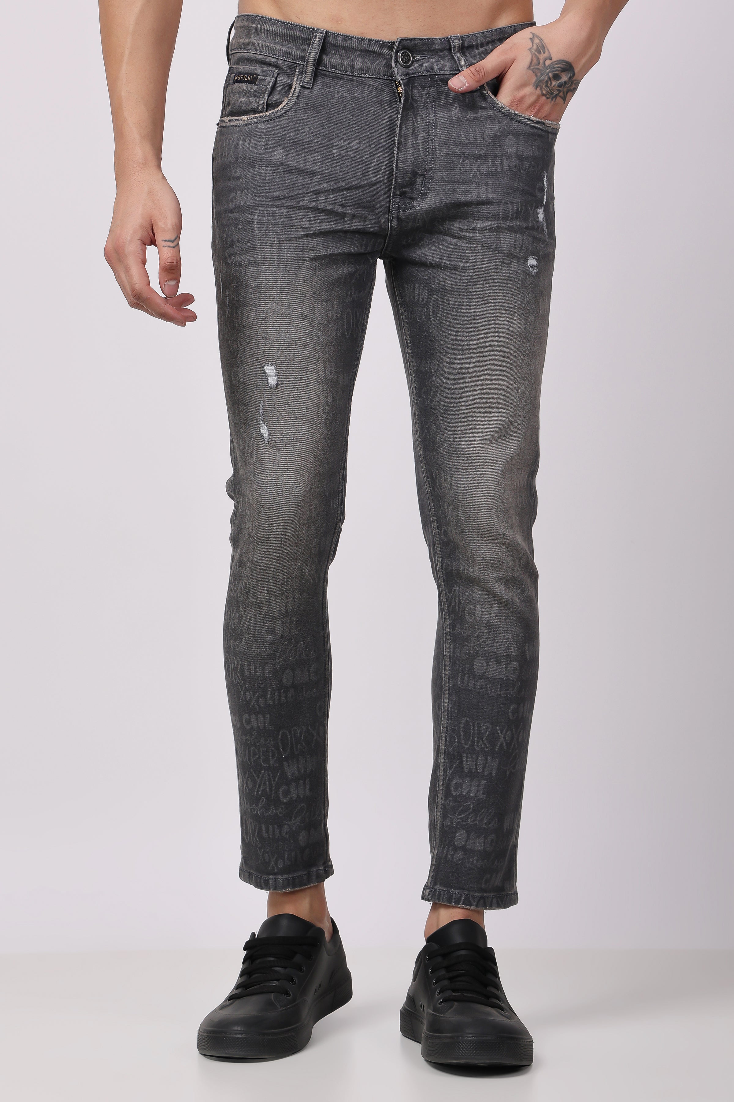 STYLOX Men Laser Denim Ankle Fit Jeans - Dark Grey, - Stylox