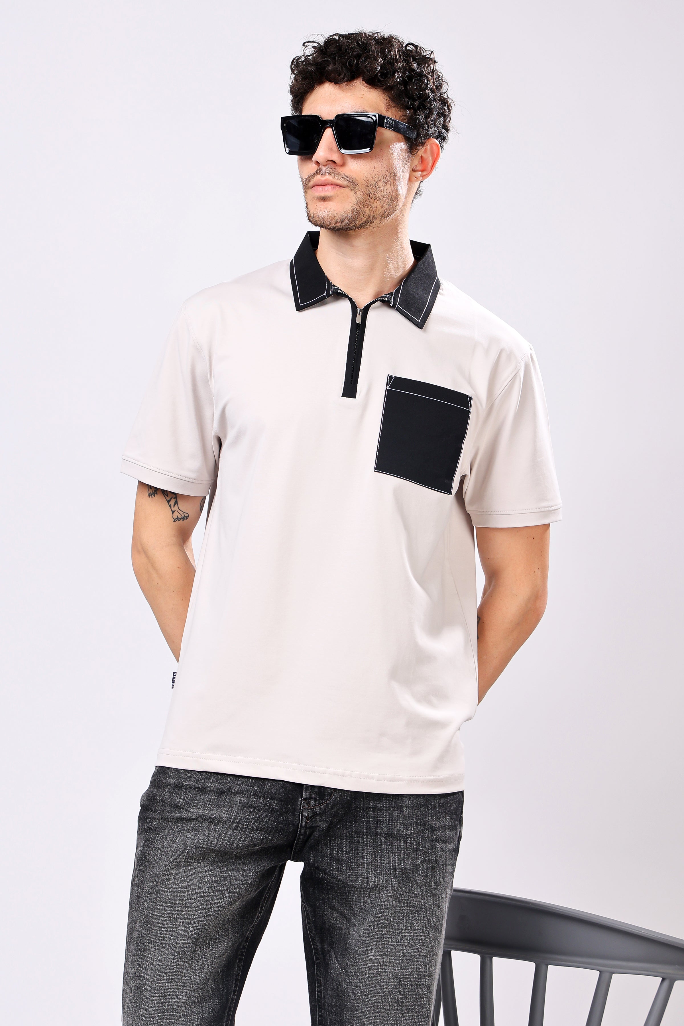 Stylox Men’s Regular Fit Contrast Collar Half Sleeve T-Shirt with Front Pocket &amp; Zip Neck | Casual Stylish Cotton Blend Tee