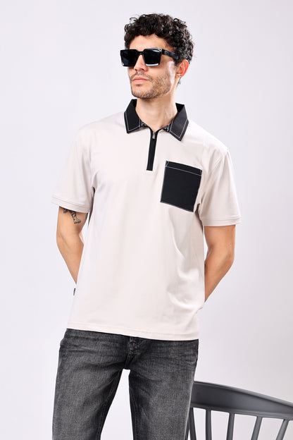 Stylox Men’s Regular Fit Contrast Collar Half Sleeve T-Shirt with Front Pocket &amp; Zip Neck | Casual Stylish Cotton Blend Tee