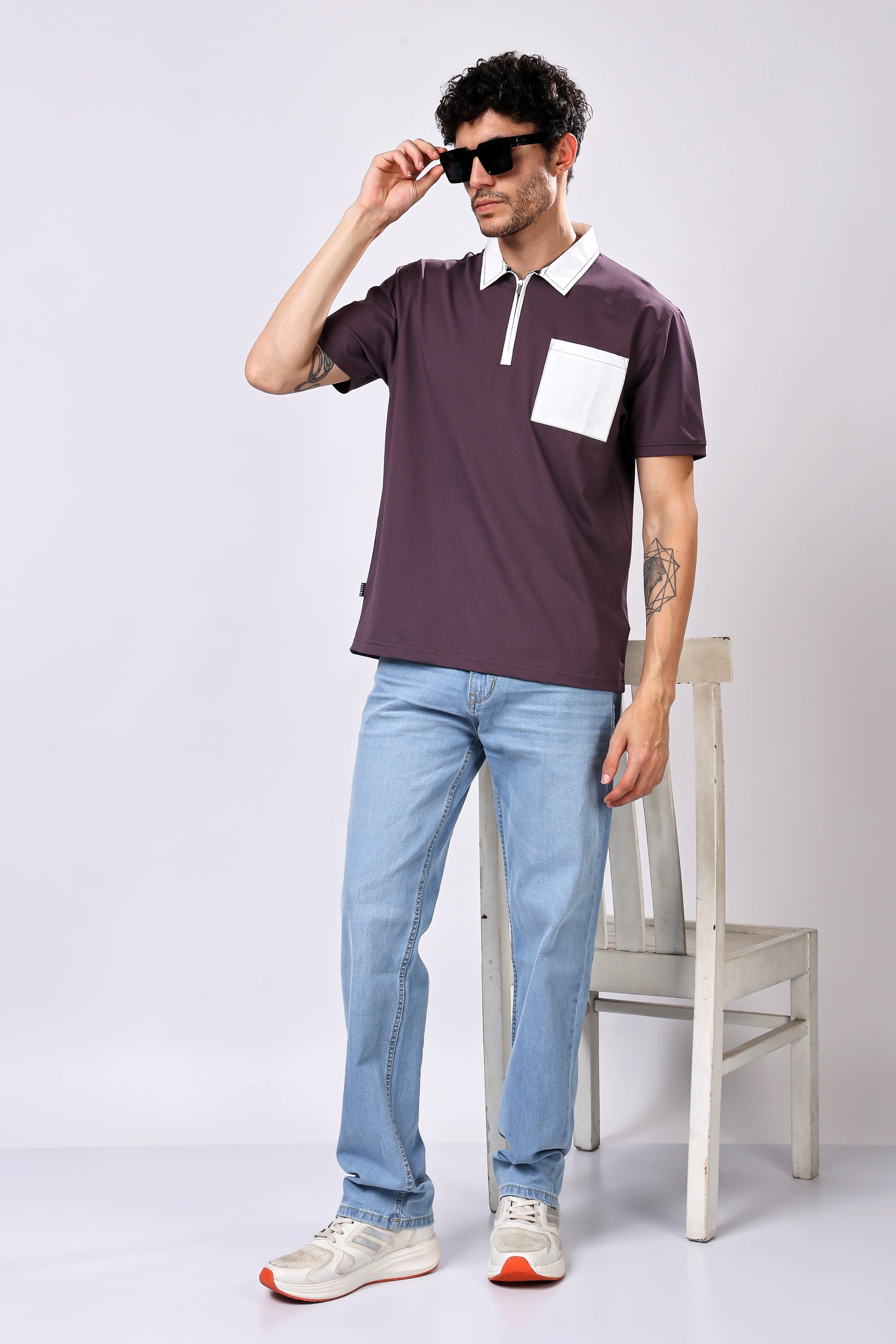 Stylox Men’s Regular Fit Contrast Collar Half Sleeve T-Shirt with Front Pocket &amp; Zip Neck | Casual Stylish Cotton Blend Tee