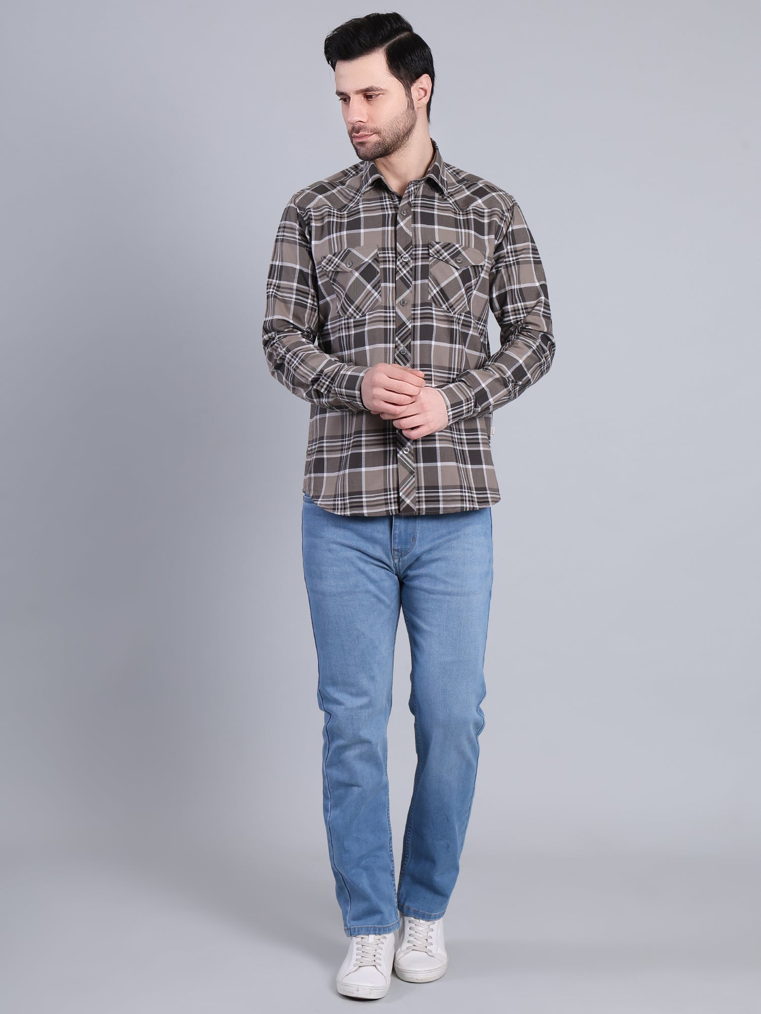 Stylox Men's Regular Fit Double Chest Pocket Check Casual Shirt (Olive)