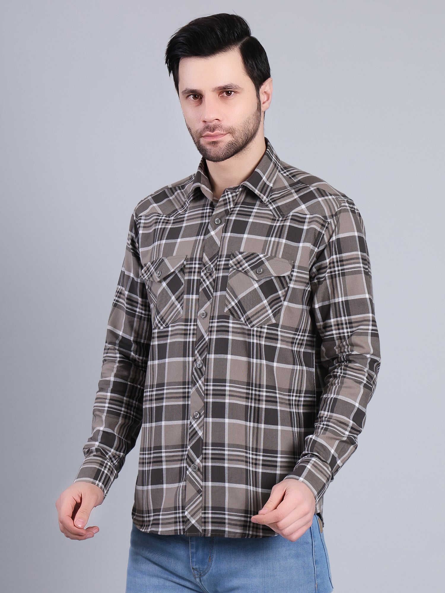 Stylox Men's Regular Fit Double Chest Pocket Check Casual Shirt (Olive)