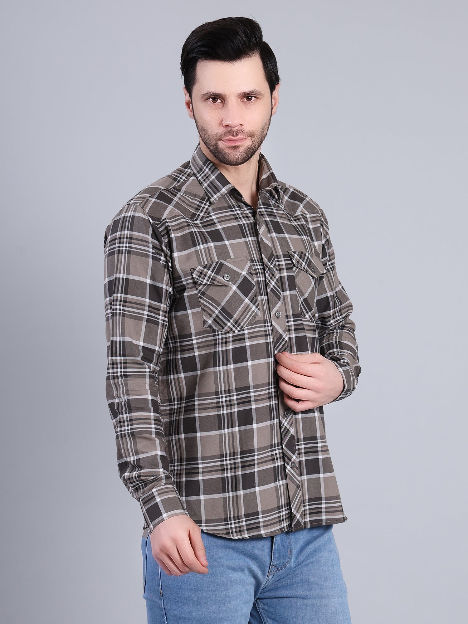Stylox Men's Regular Fit Double Chest Pocket Check Casual Shirt (Olive)