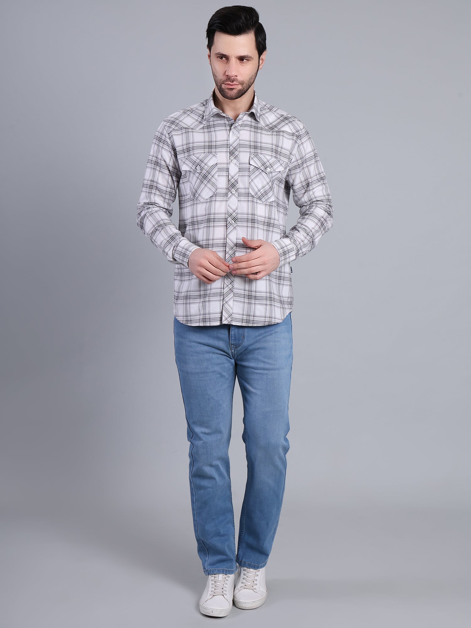 Stylox Men's Regular Fit Double Chest Pocket Check Casual Shirt (White)