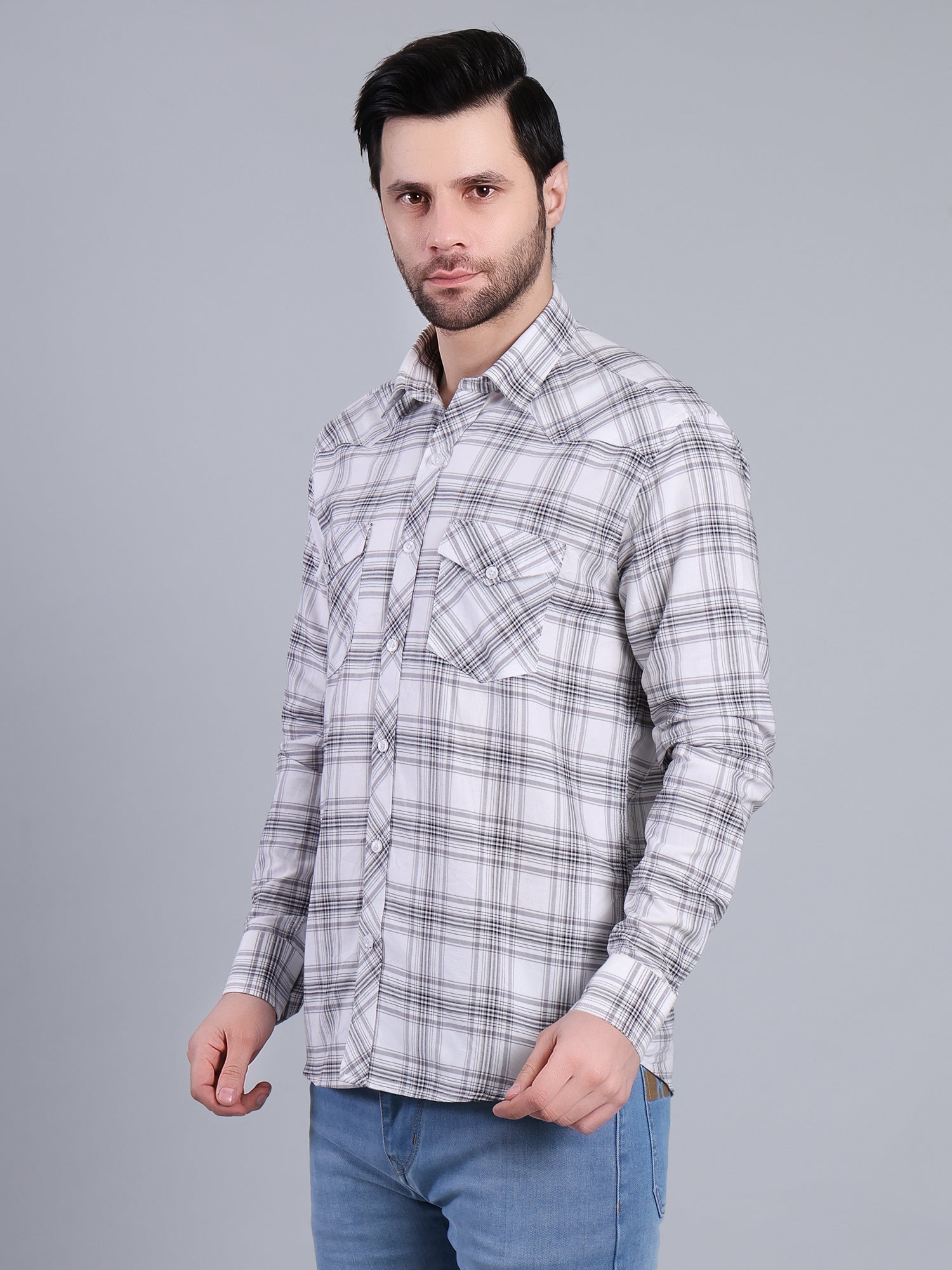 Stylox Men's Regular Fit Double Chest Pocket Check Casual Shirt (White)