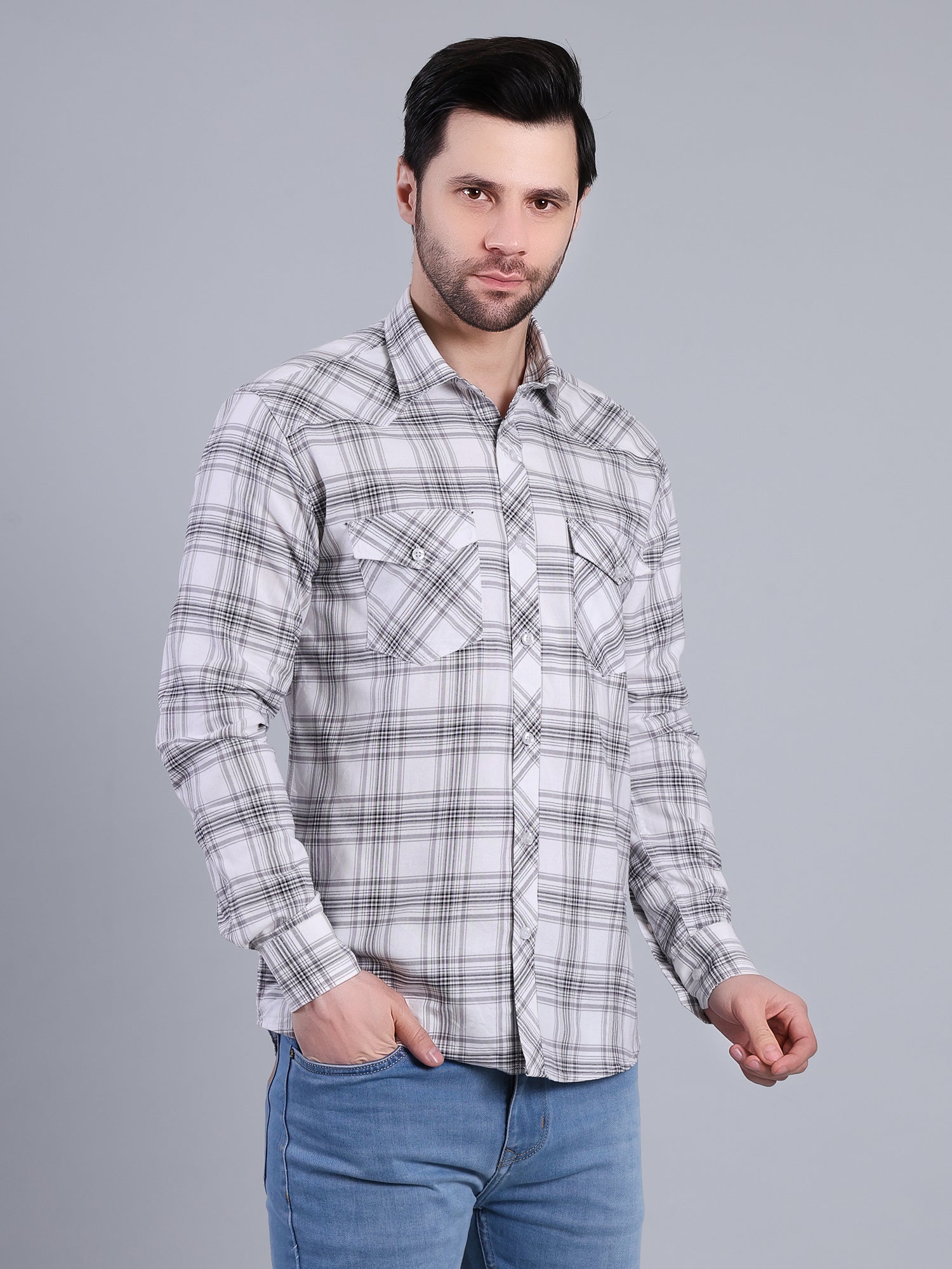 Stylox Men's Regular Fit Double Chest Pocket Check Casual Shirt (White)