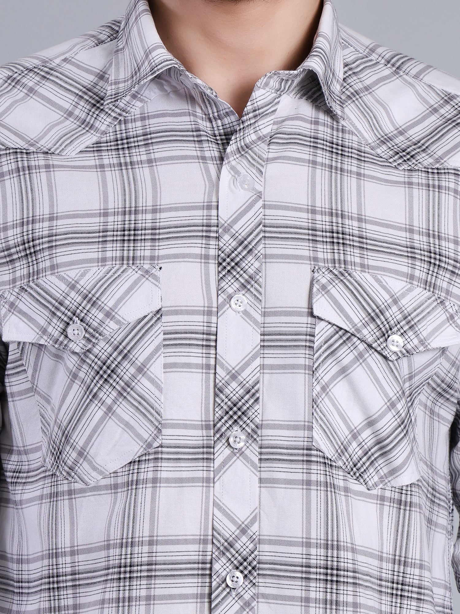 Stylox Men's Regular Fit Double Chest Pocket Check Casual Shirt (White)