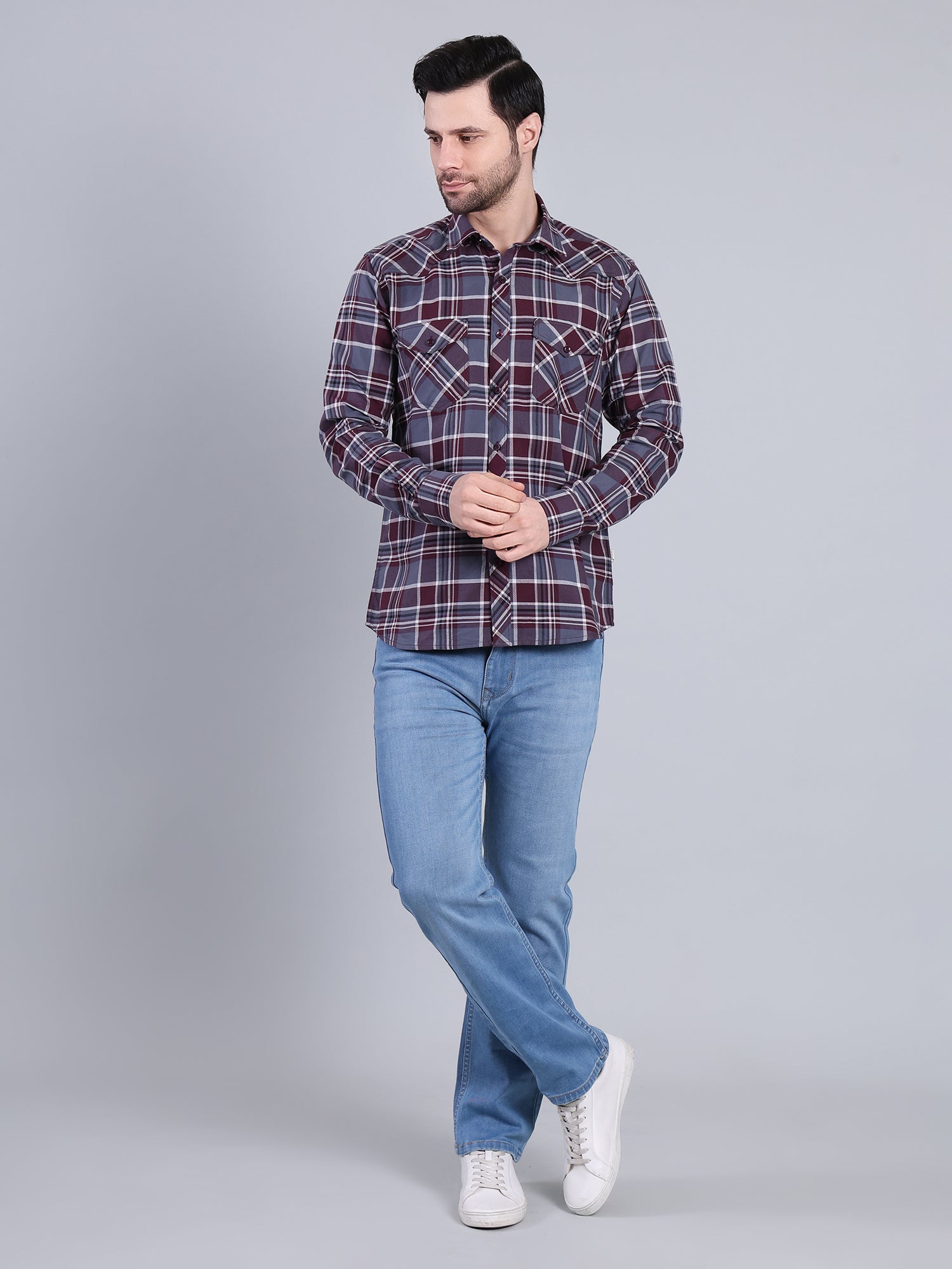 Stylox Men's Regular Fit Double Chest Pocket Check Casual Shirt (Burgundy)