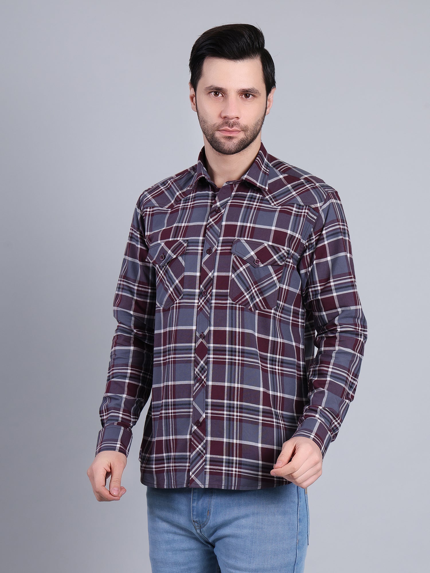 Stylox Men's Regular Fit Double Chest Pocket Check Casual Shirt (Burgundy)