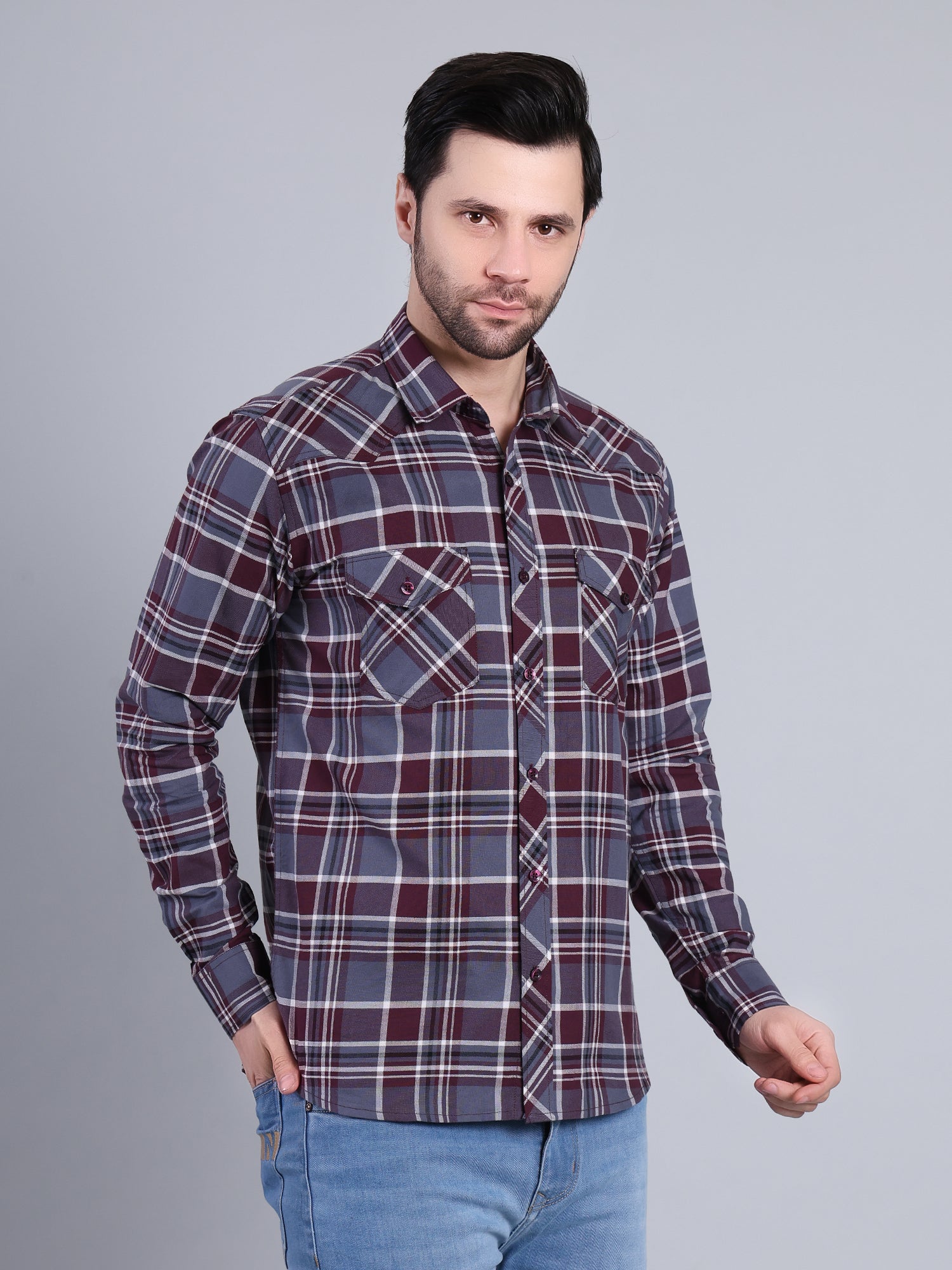 Stylox Men's Regular Fit Double Chest Pocket Check Casual Shirt (Burgundy)