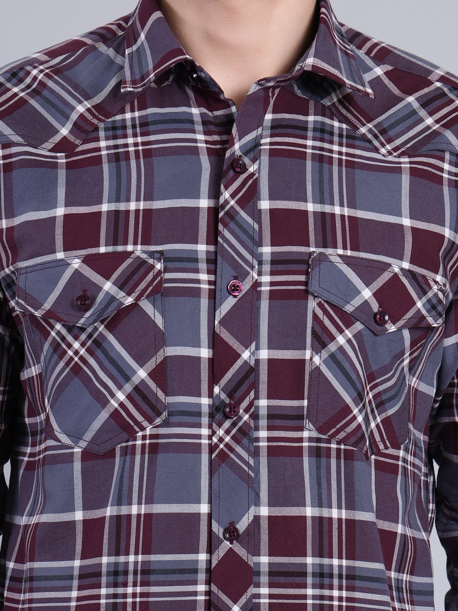 Stylox Men's Regular Fit Double Chest Pocket Check Casual Shirt (Burgundy)