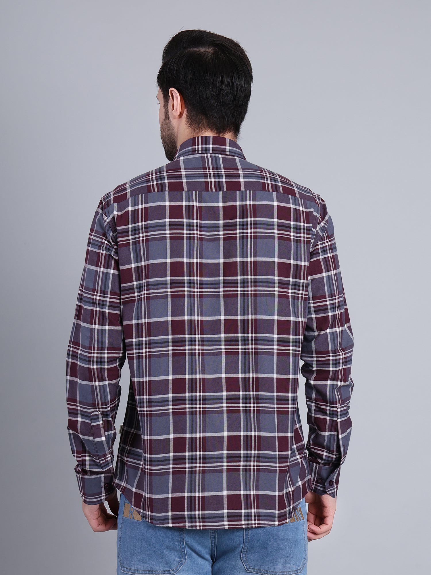Stylox Men's Regular Fit Double Chest Pocket Check Casual Shirt (Burgundy)