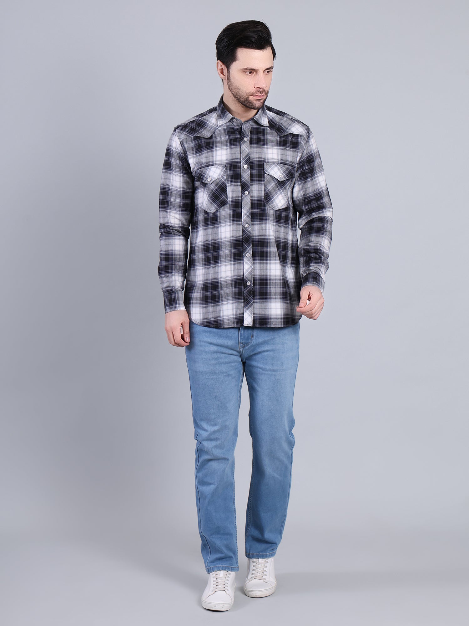 Stylox Men's Regular Fit Double Chest Pocket Check Casual Shirt (Navy)