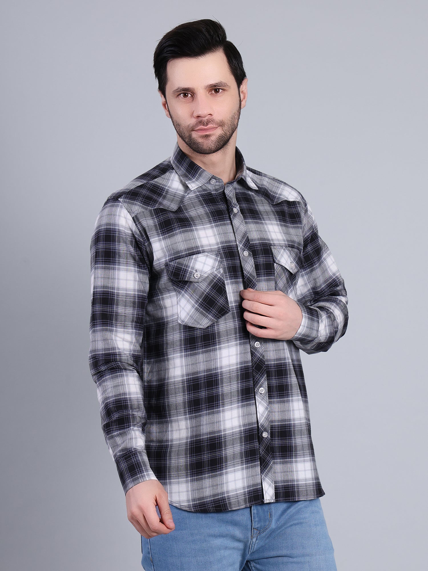 Stylox Men's Regular Fit Double Chest Pocket Check Casual Shirt (Navy)