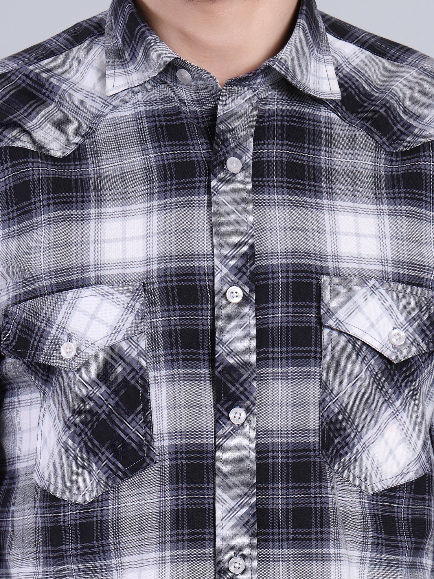 Stylox Men's Regular Fit Double Chest Pocket Check Casual Shirt (Navy)