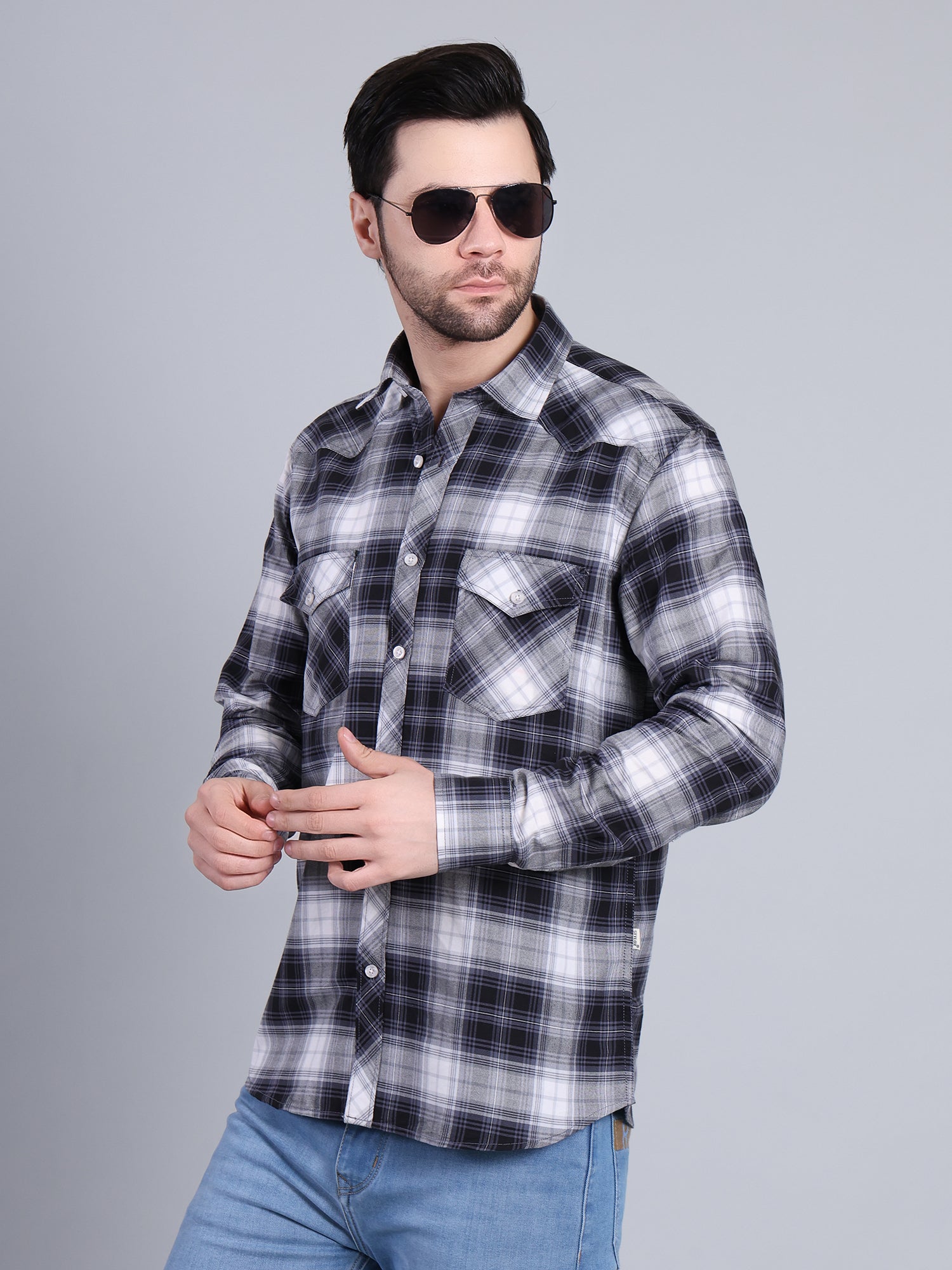 Stylox Men's Regular Fit Double Chest Pocket Check Casual Shirt (Navy)