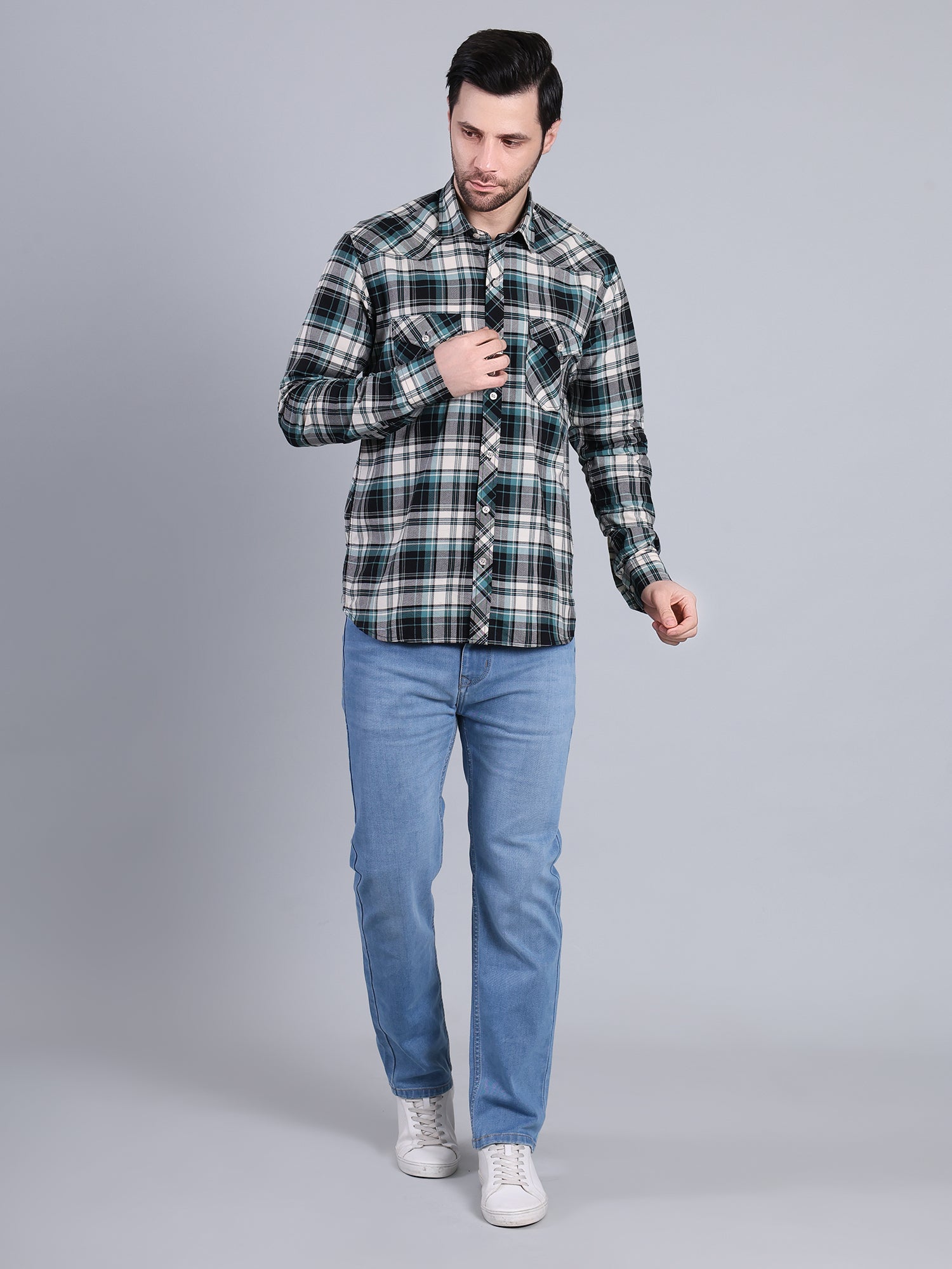 Stylox Men's Regular Fit Double Chest Pocket Check Casual Shirt (Teal)
