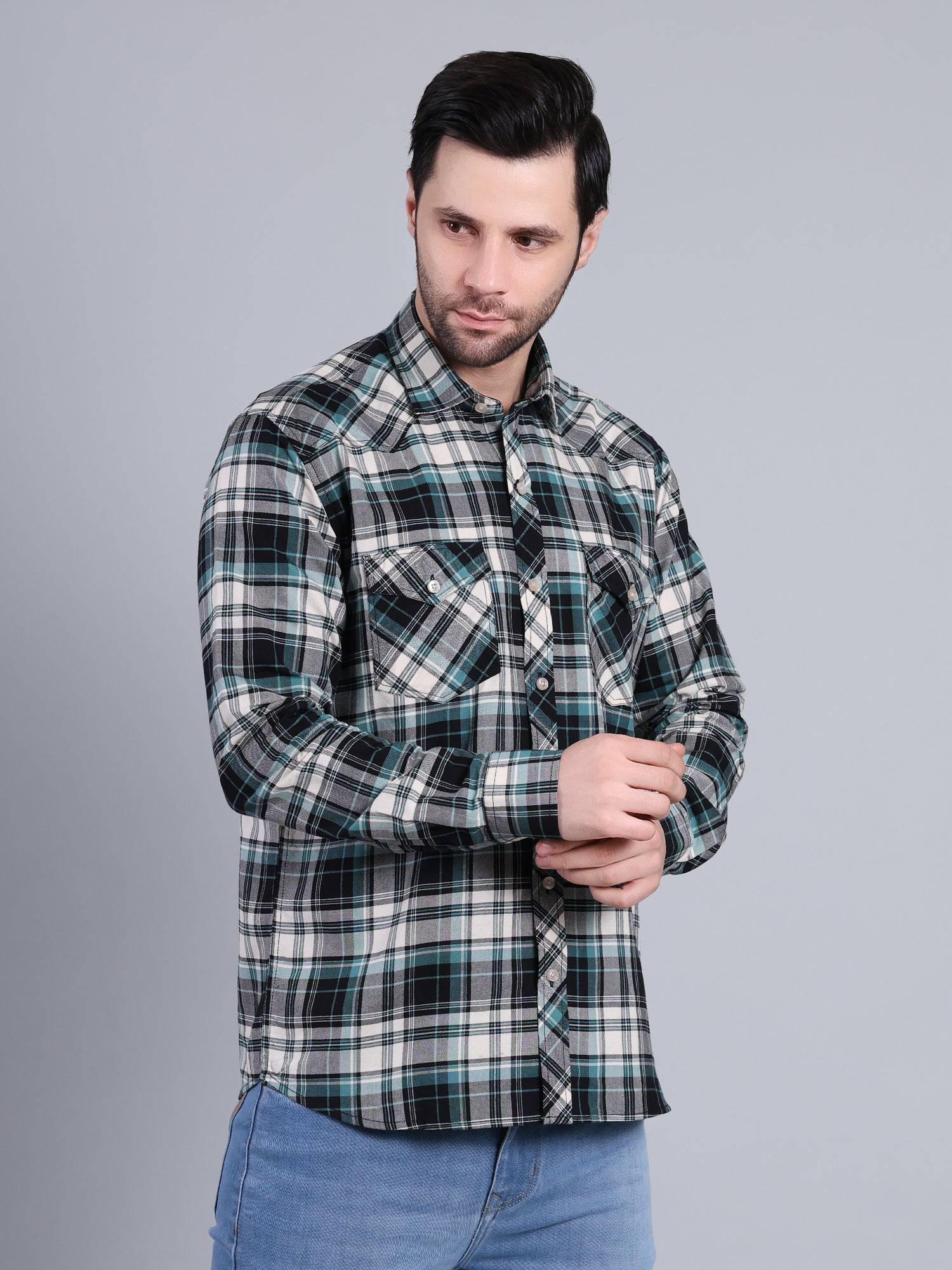 Stylox Men's Regular Fit Double Chest Pocket Check Casual Shirt (Teal)