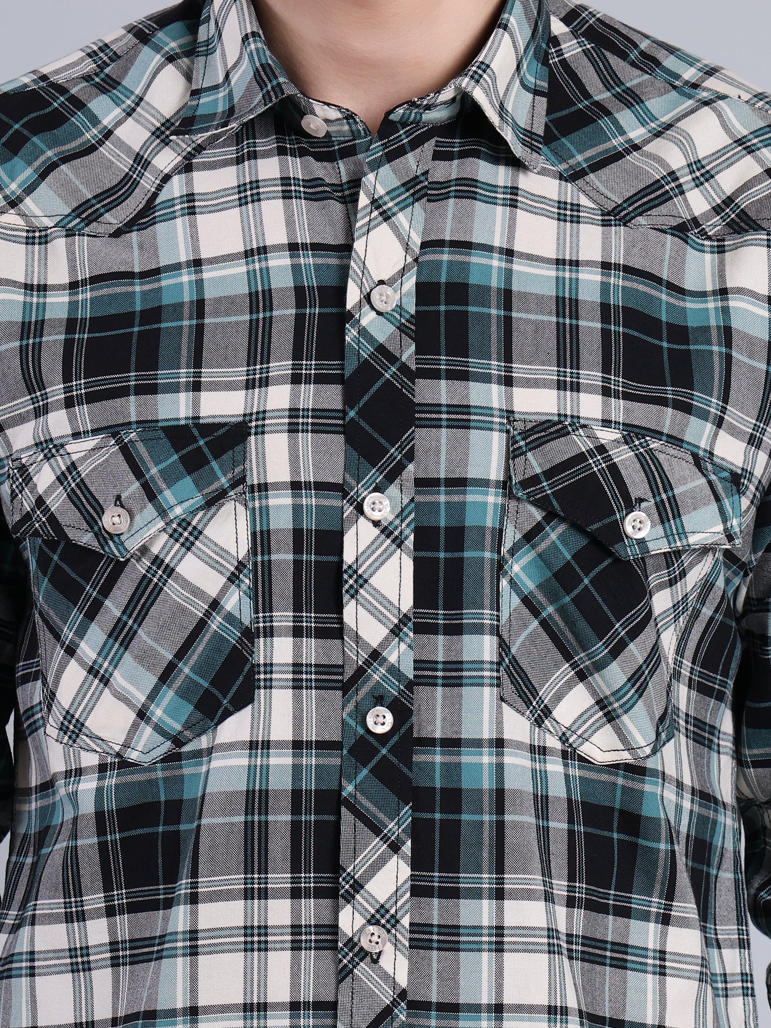 Stylox Men's Regular Fit Double Chest Pocket Check Casual Shirt (Teal)