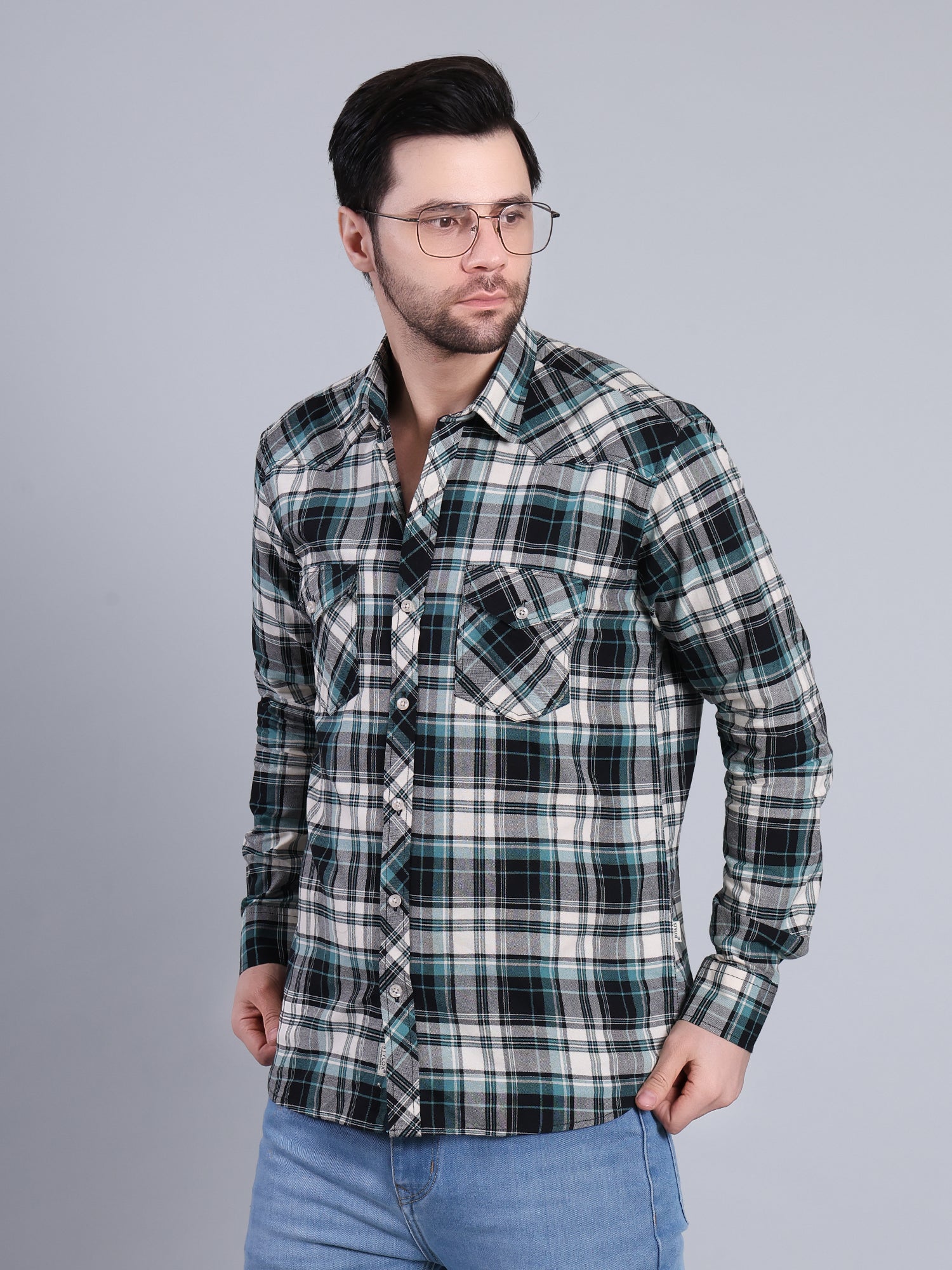 Stylox Men's Regular Fit Double Chest Pocket Check Casual Shirt (Teal)