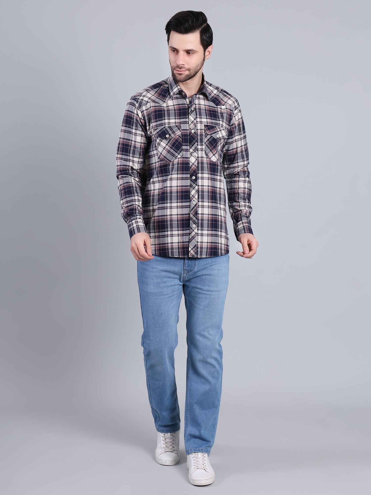 Stylox Men's Regular Fit Double Chest Pocket Check Casual Shirt (Navy)