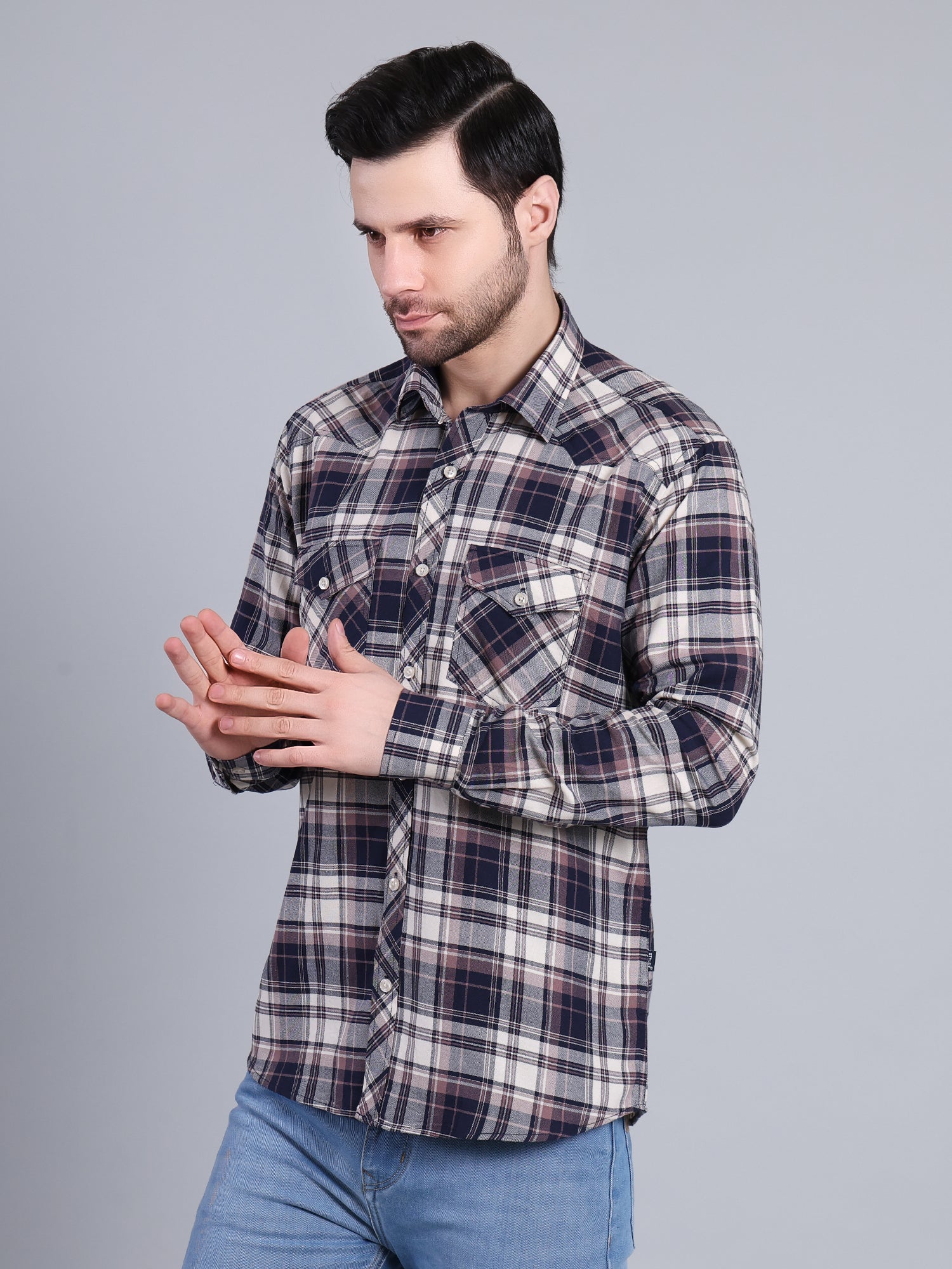 Stylox Men's Regular Fit Double Chest Pocket Check Casual Shirt (Navy)