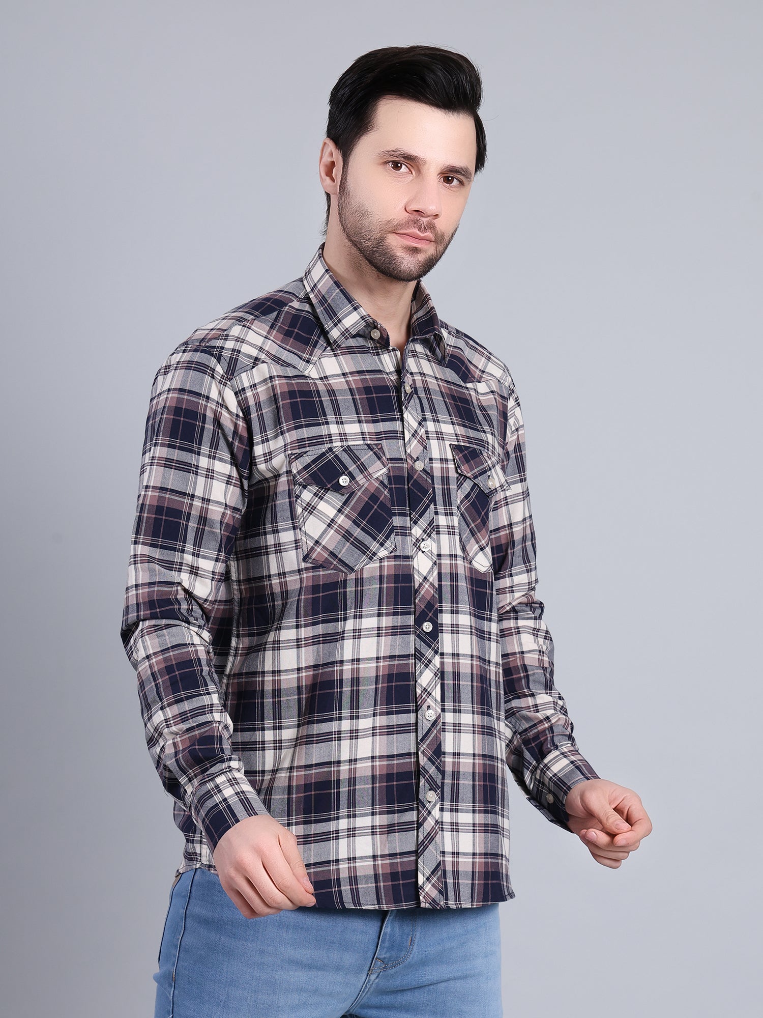 Stylox Men's Regular Fit Double Chest Pocket Check Casual Shirt (Navy)