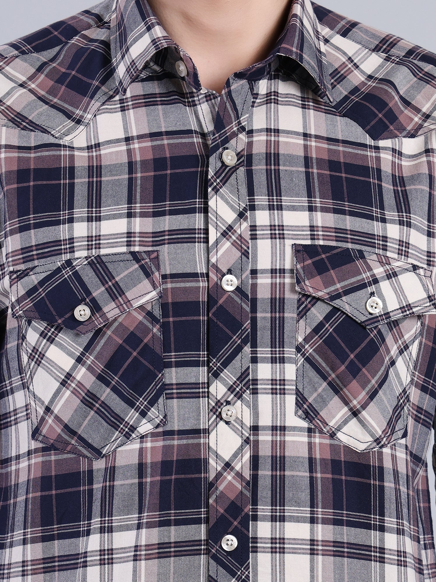 Stylox Men's Regular Fit Double Chest Pocket Check Casual Shirt (Navy)