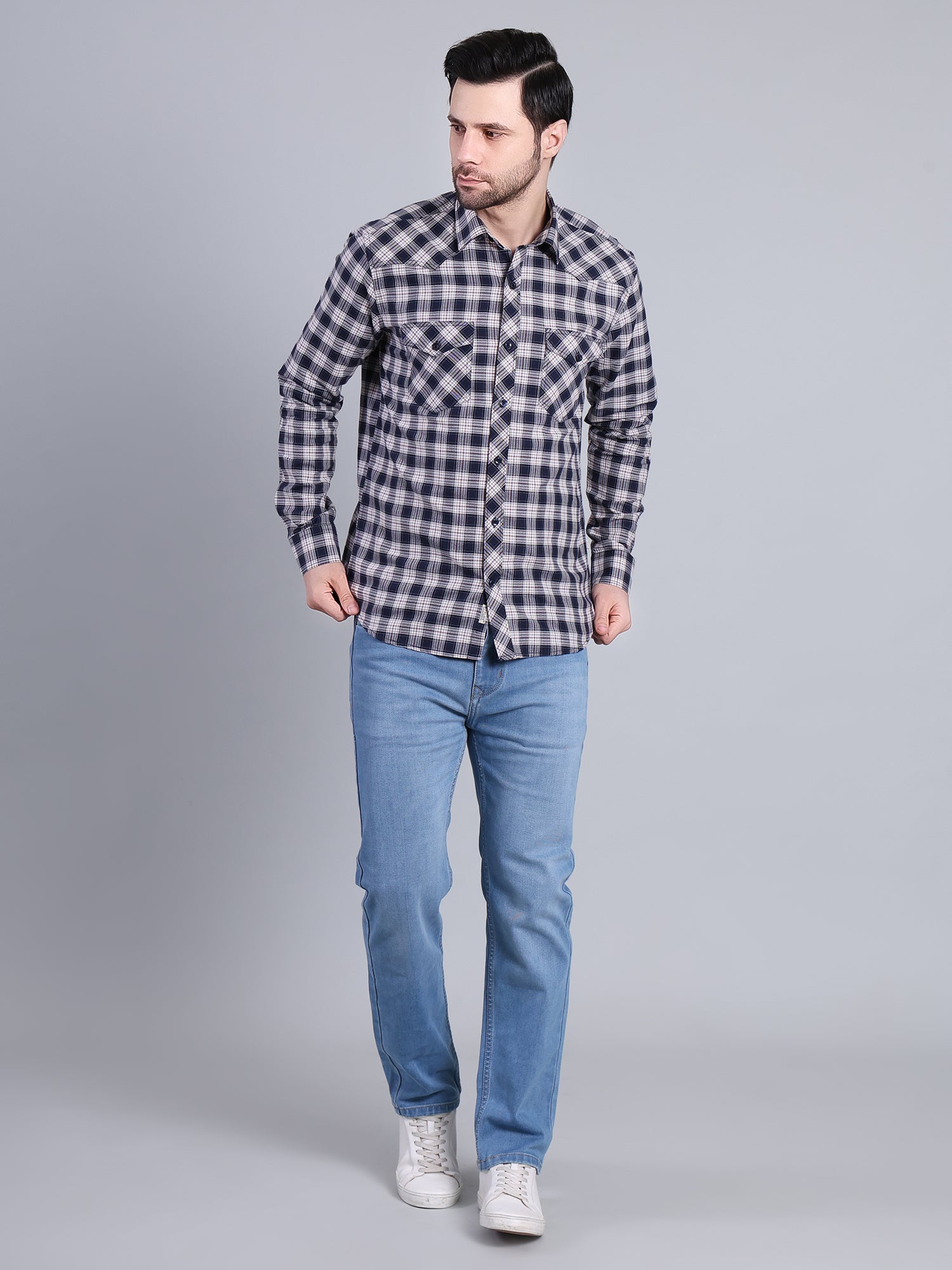 Stylox Men's Regular Fit Double Chest Pocket Check Casual Shirt (Navy)