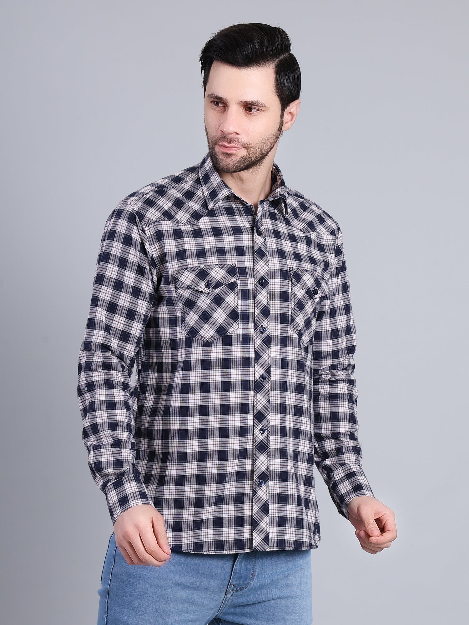 Stylox Men's Regular Fit Double Chest Pocket Check Casual Shirt (Navy)