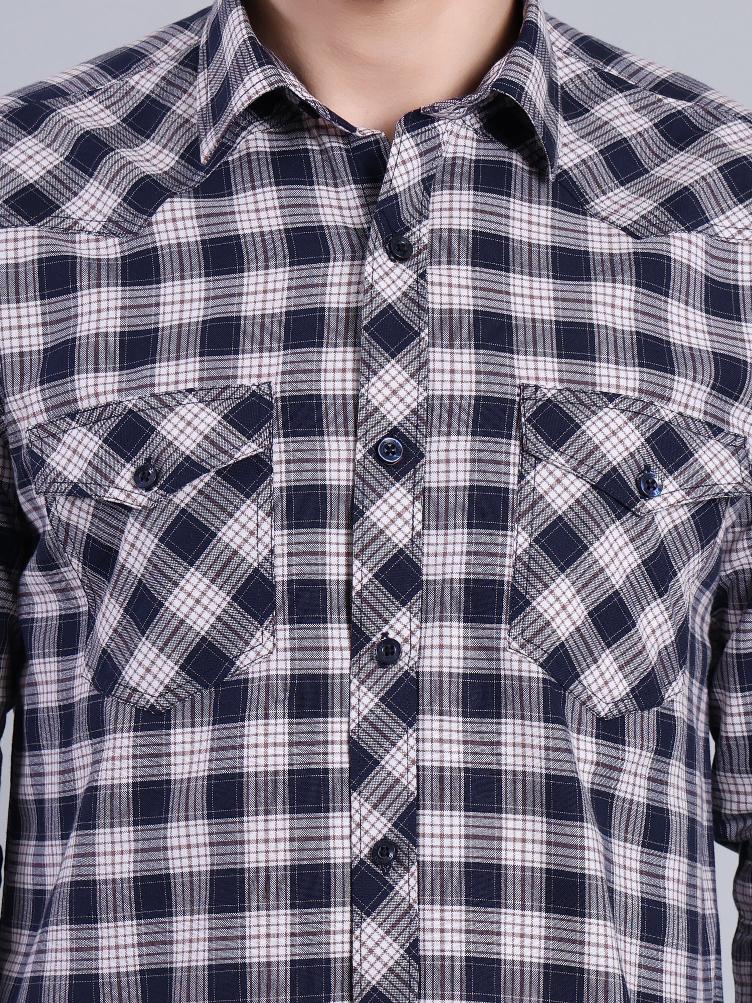 Stylox Men's Regular Fit Double Chest Pocket Check Casual Shirt (Navy)