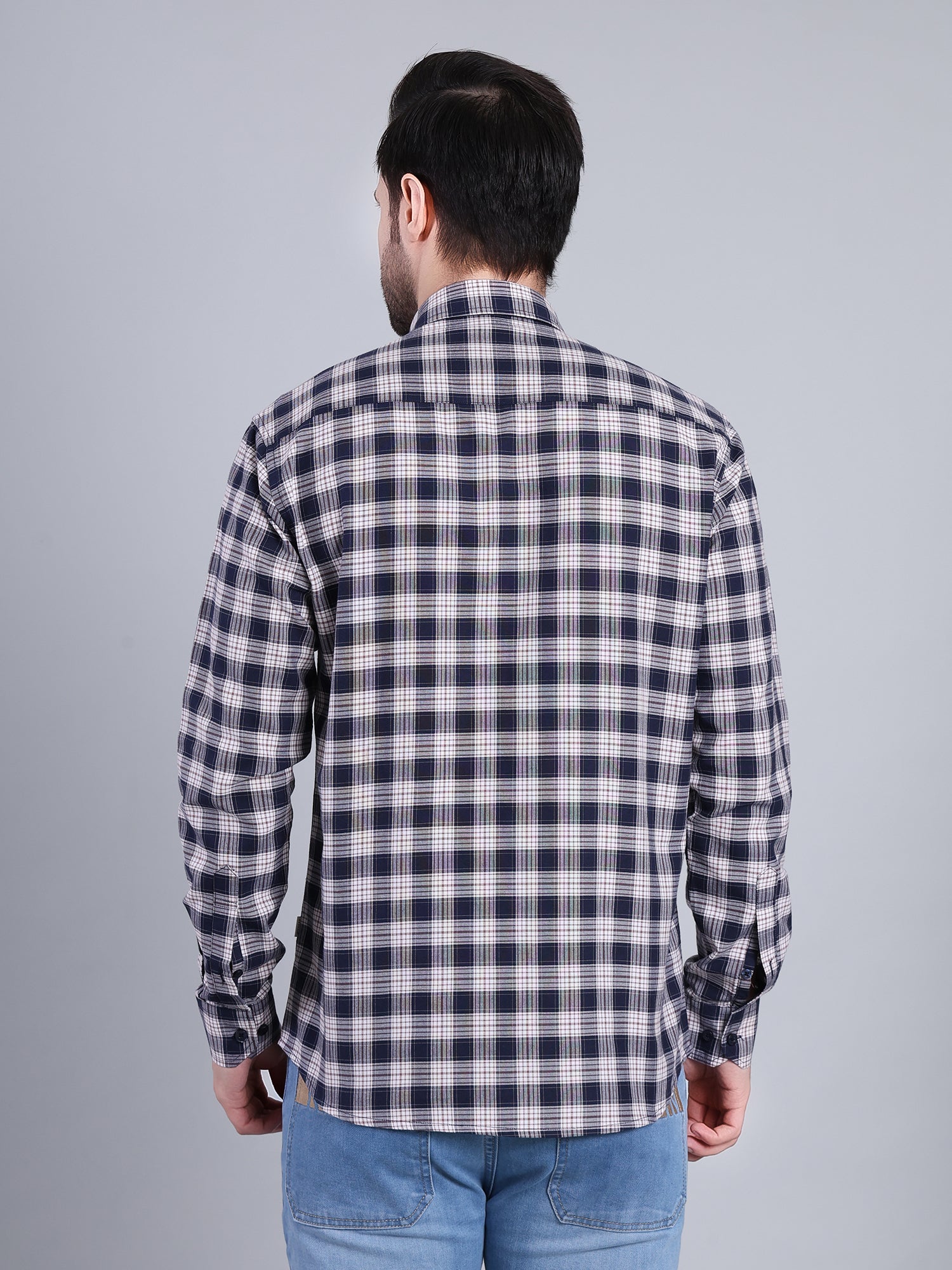 Stylox Men's Regular Fit Double Chest Pocket Check Casual Shirt (Navy)