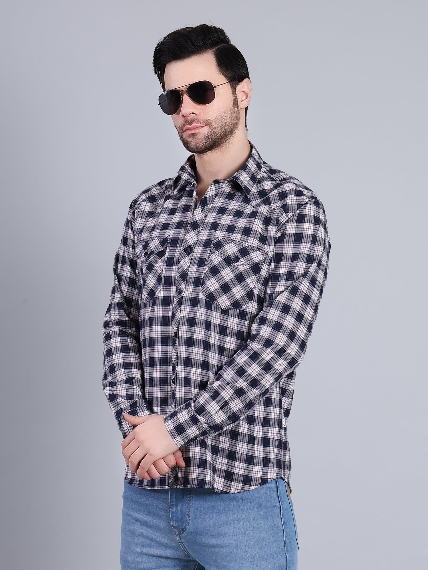 Stylox Men's Regular Fit Double Chest Pocket Check Casual Shirt (Navy)