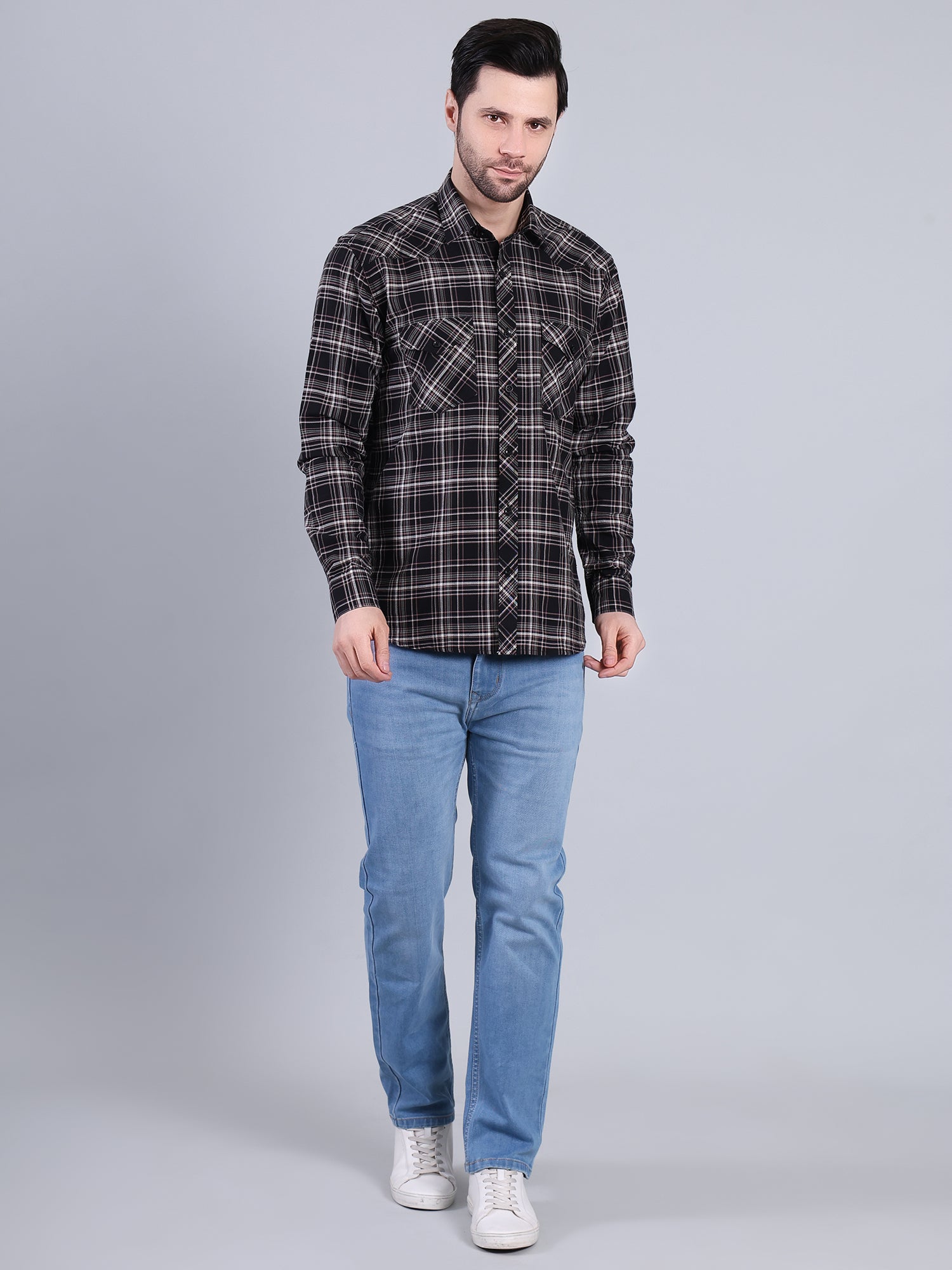 Stylox Men's Regular Fit Double Chest Pocket Check Casual Shirt (Black)