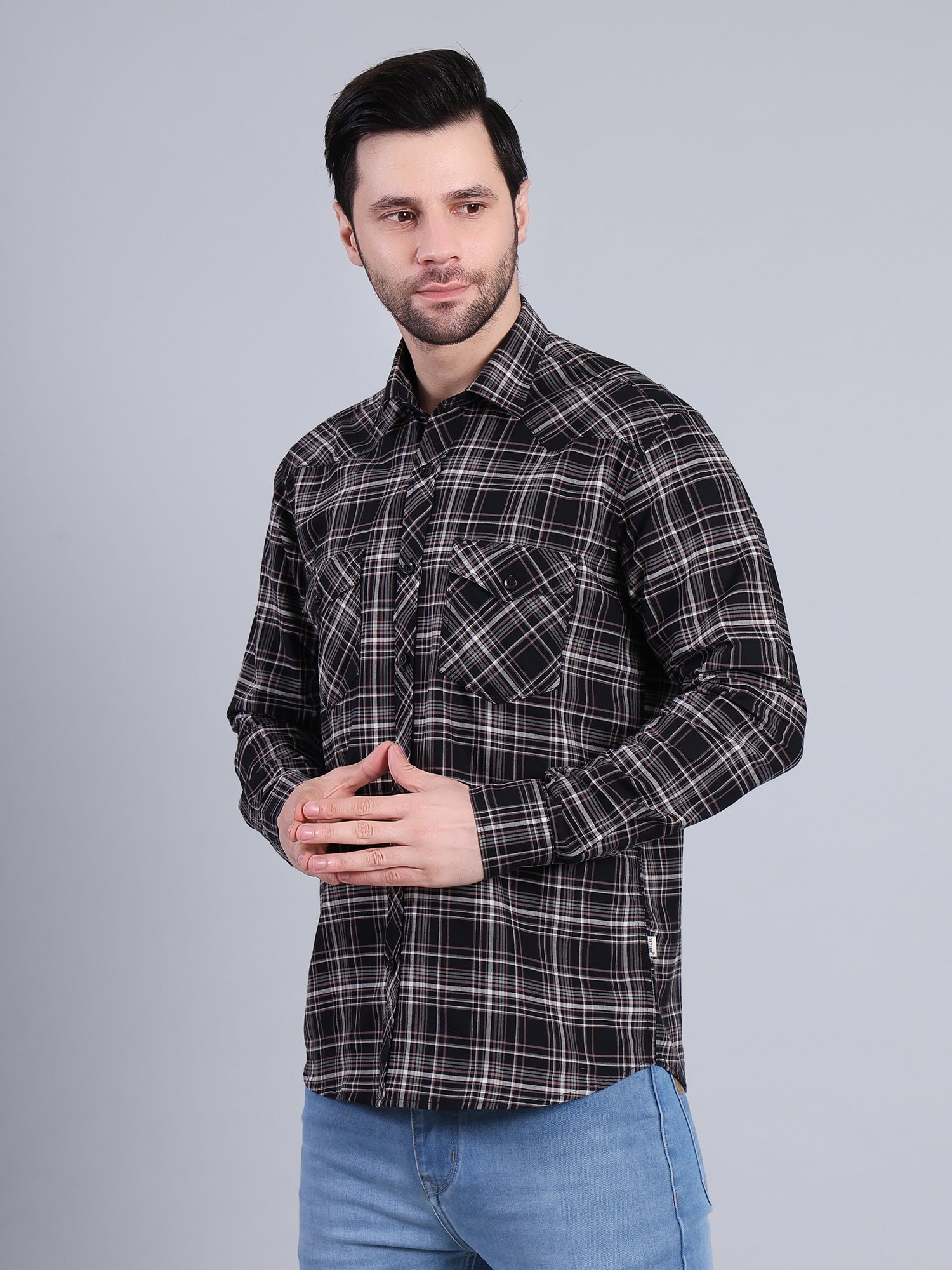 Stylox Men's Regular Fit Double Chest Pocket Check Casual Shirt (Black)
