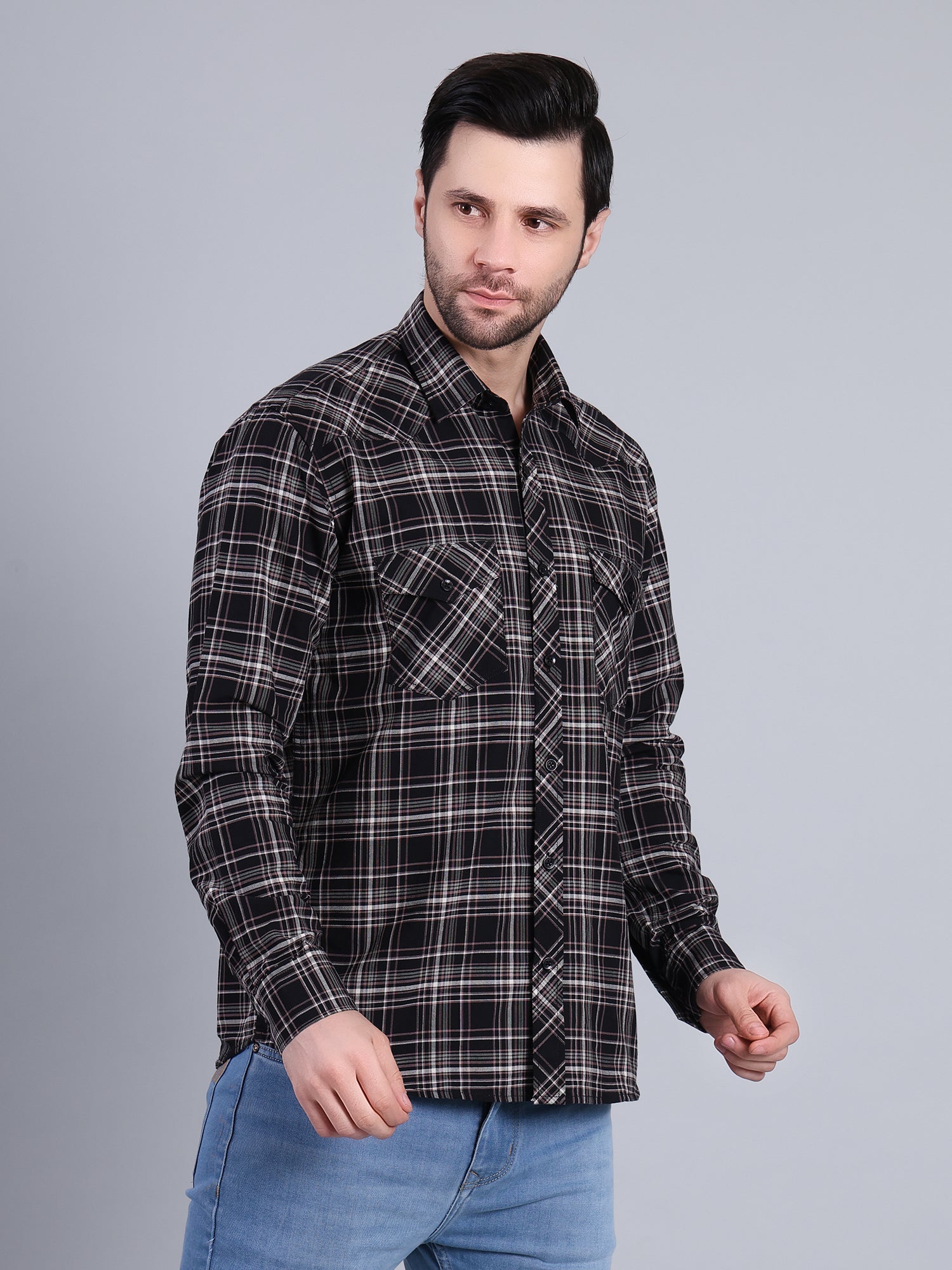 Stylox Men's Regular Fit Double Chest Pocket Check Casual Shirt (Black)
