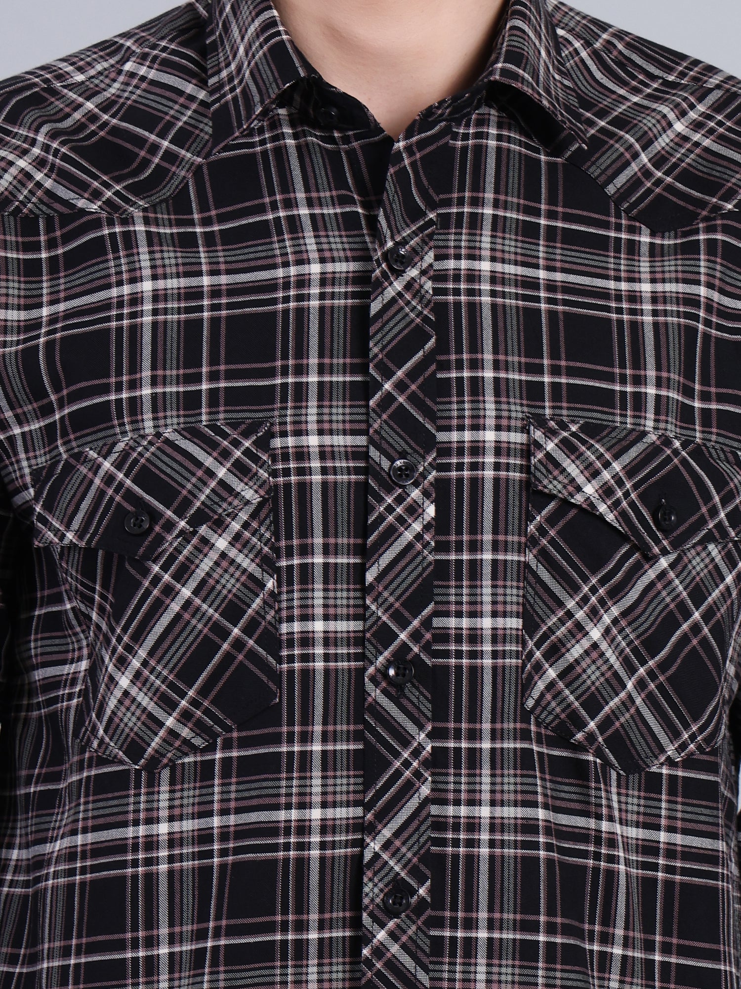 Stylox Men's Regular Fit Double Chest Pocket Check Casual Shirt (Black)