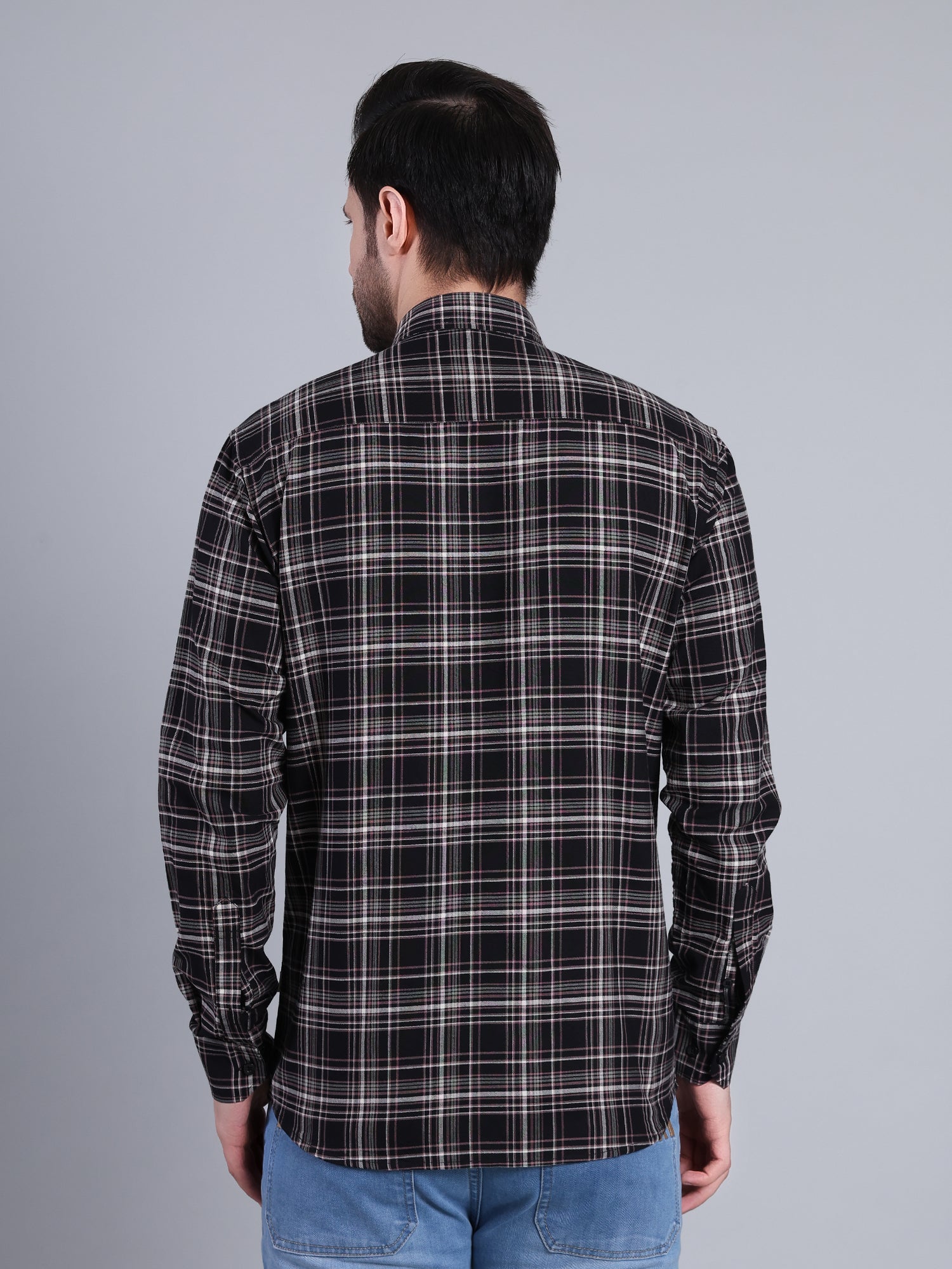 Stylox Men's Regular Fit Double Chest Pocket Check Casual Shirt (Black)
