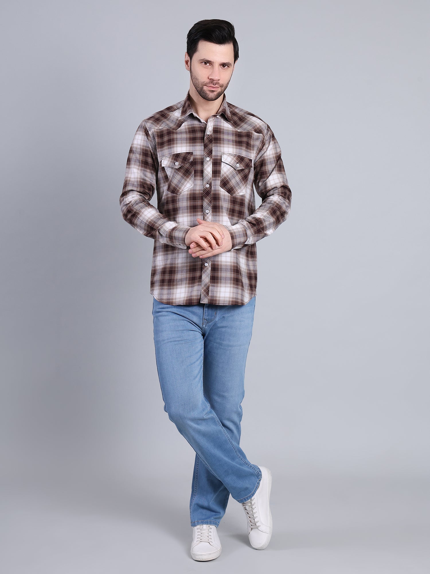 Stylox Men's Regular Fit Double Chest Pocket Check Casual Shirt (Brown)