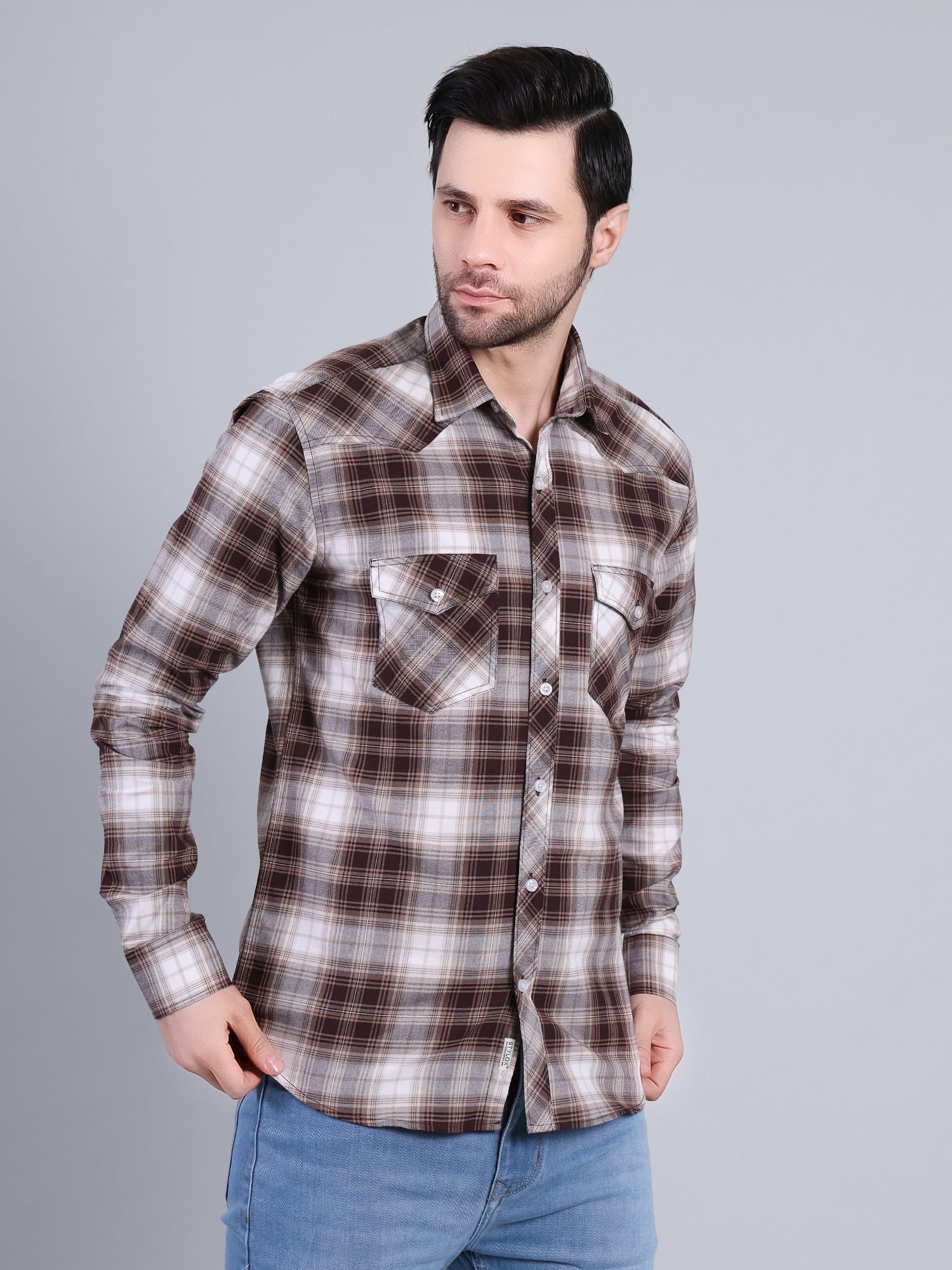 Stylox Men's Regular Fit Double Chest Pocket Check Casual Shirt (Brown)