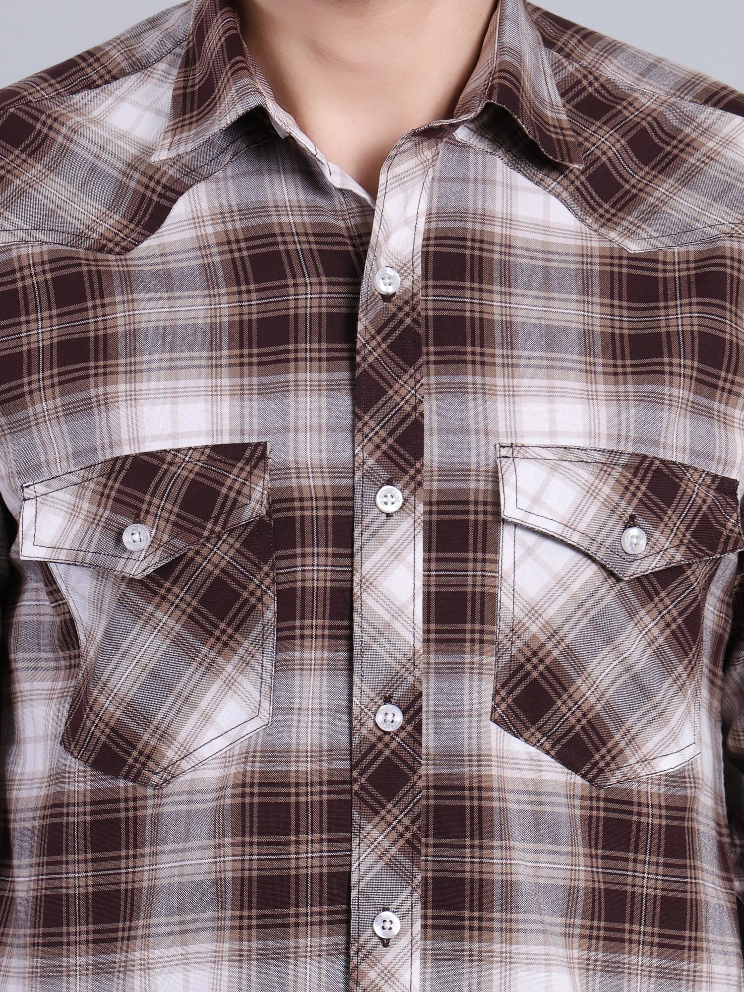 Stylox Men's Regular Fit Double Chest Pocket Check Casual Shirt (Brown)