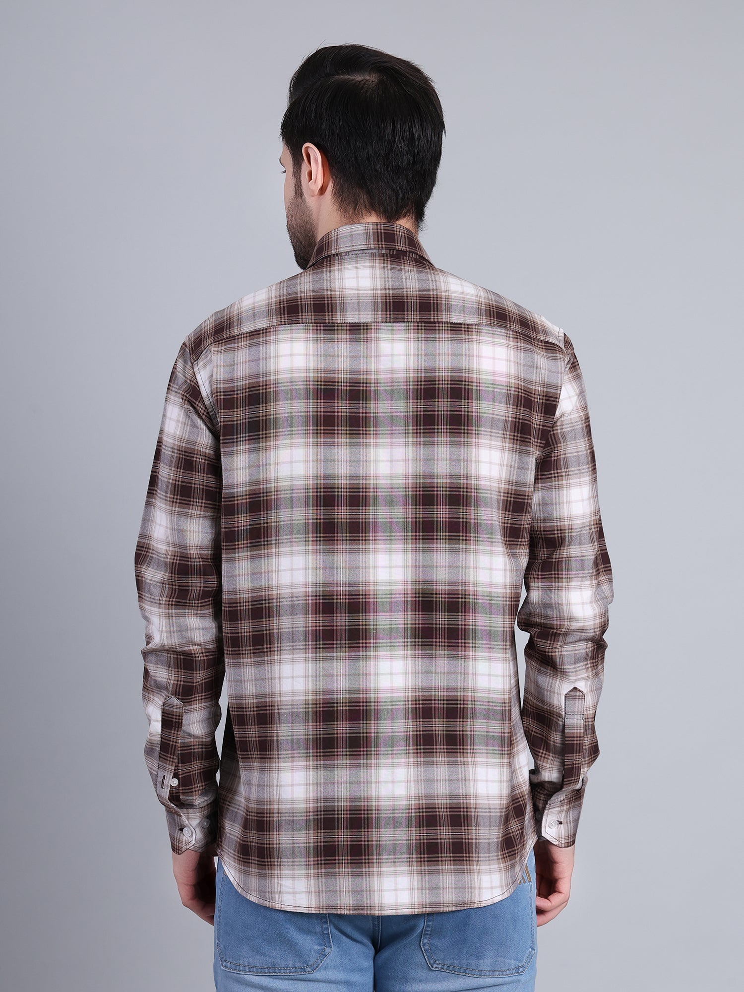 Stylox Men's Regular Fit Double Chest Pocket Check Casual Shirt (Brown)