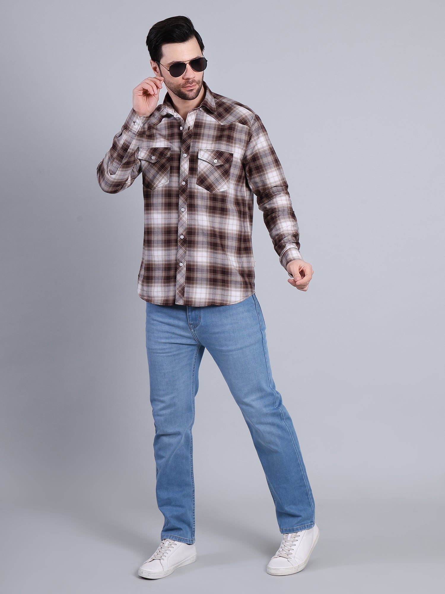 Stylox Men's Regular Fit Double Chest Pocket Check Casual Shirt (Brown)