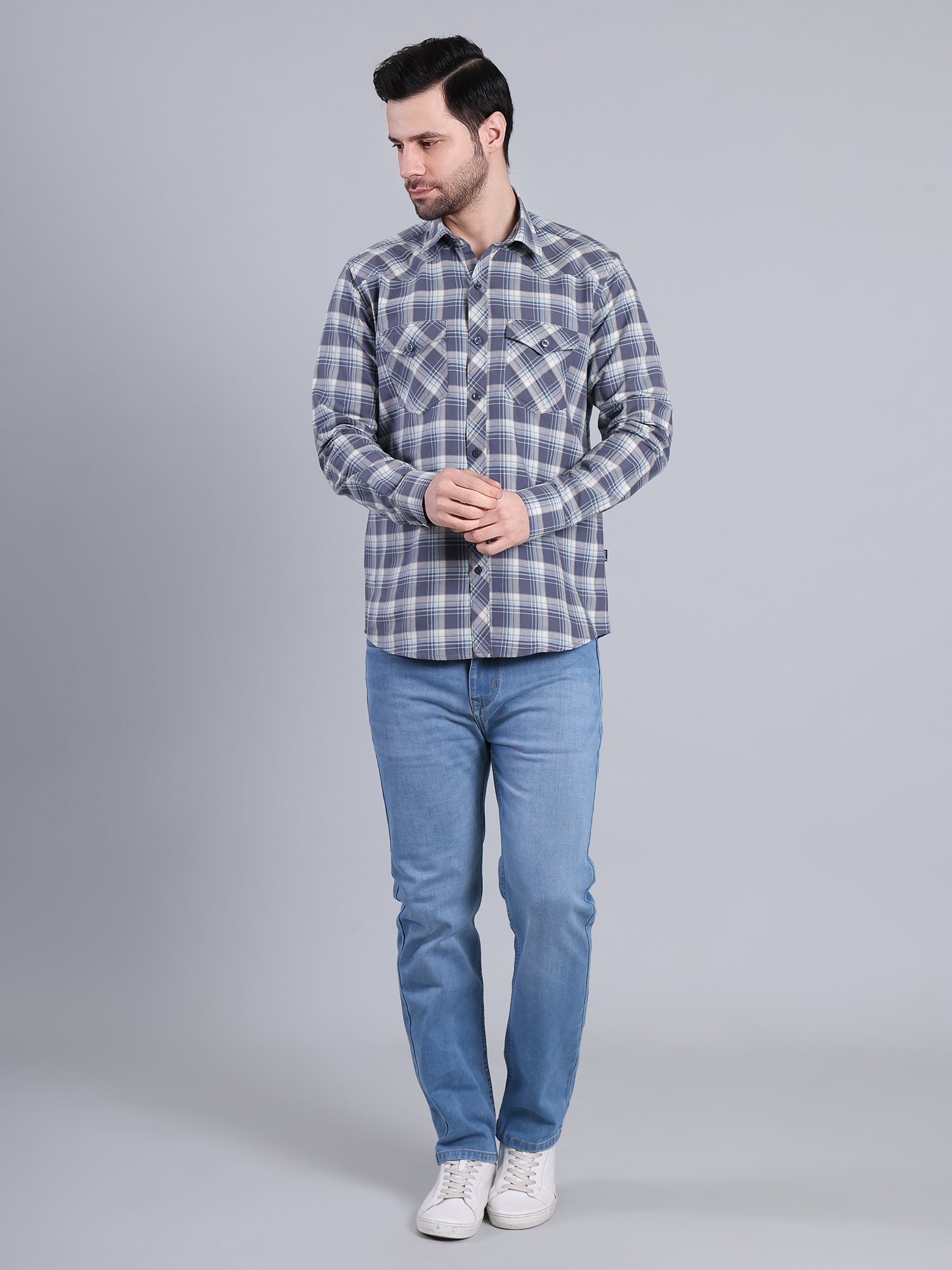 Stylox Men's Regular Fit Double Chest Pocket Check Casual Shirt (Blue)