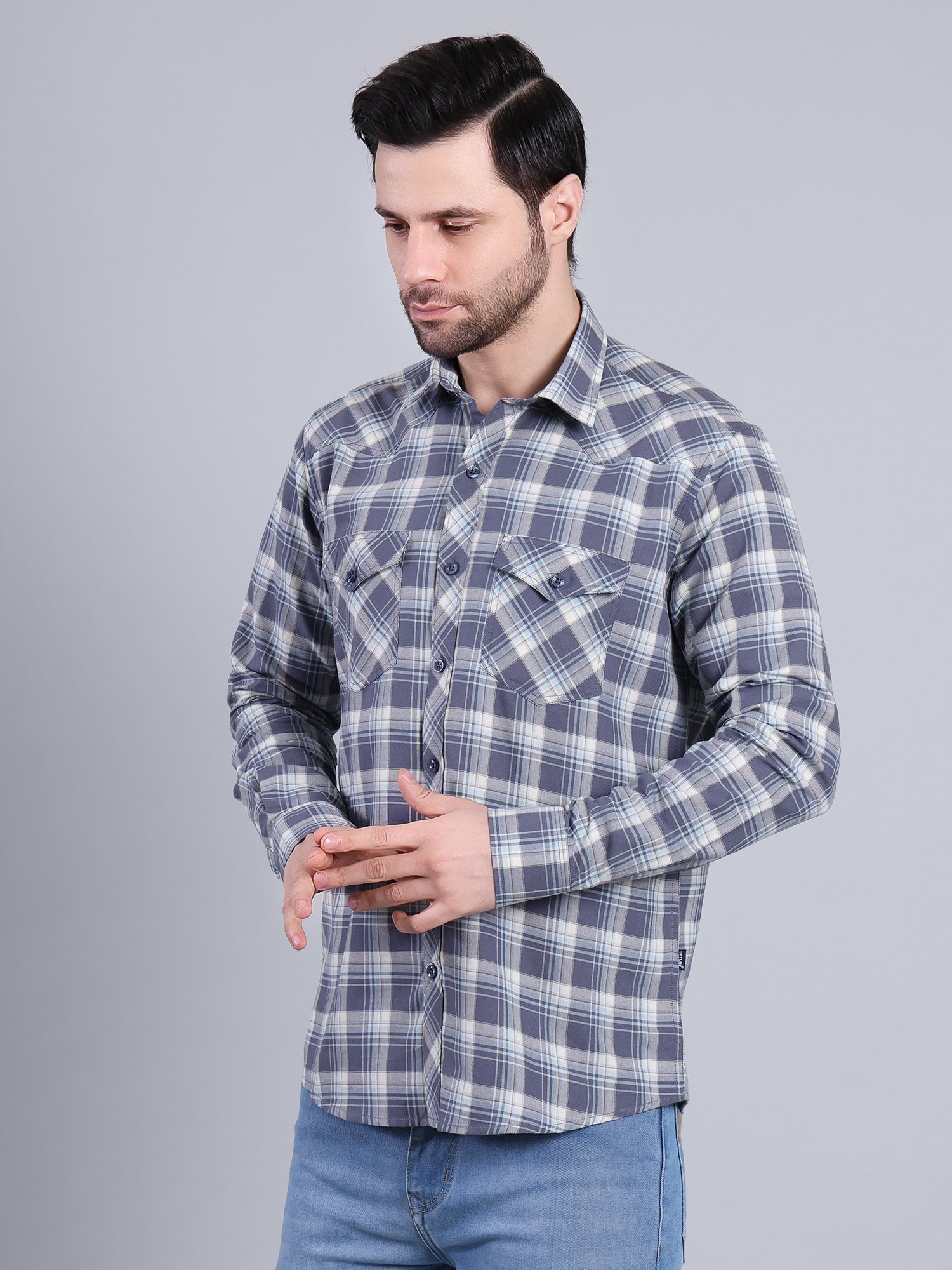 Stylox Men's Regular Fit Double Chest Pocket Check Casual Shirt (Blue)