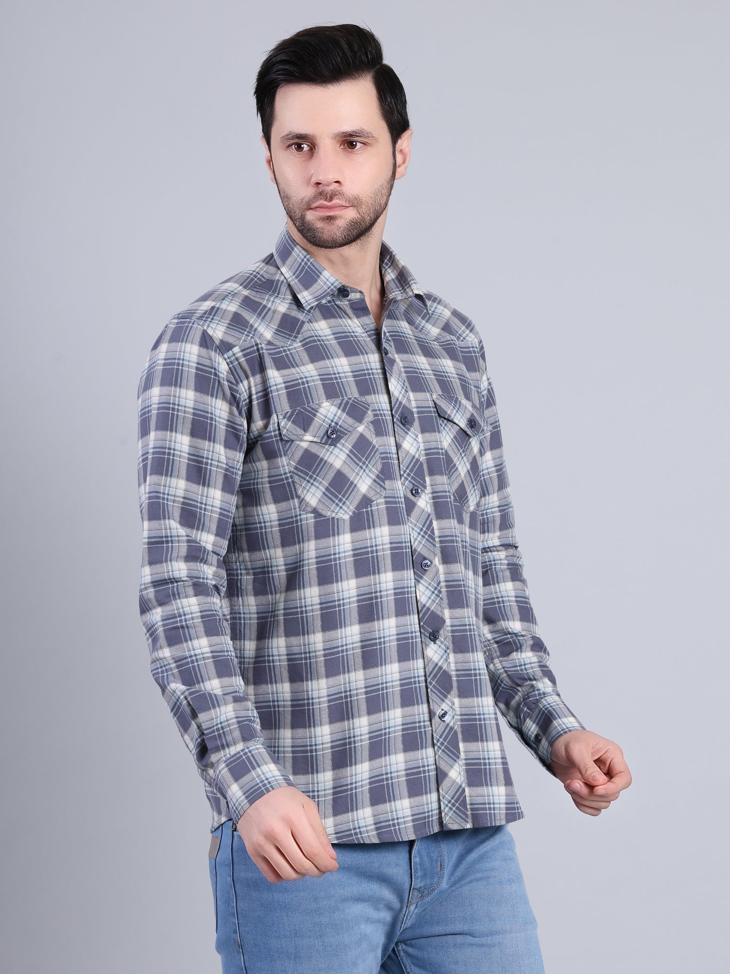 Stylox Men's Regular Fit Double Chest Pocket Check Casual Shirt (Blue)