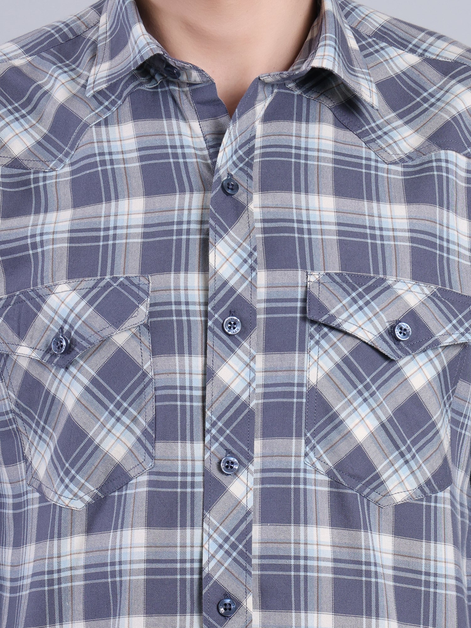 Stylox Men's Regular Fit Double Chest Pocket Check Casual Shirt (Blue)