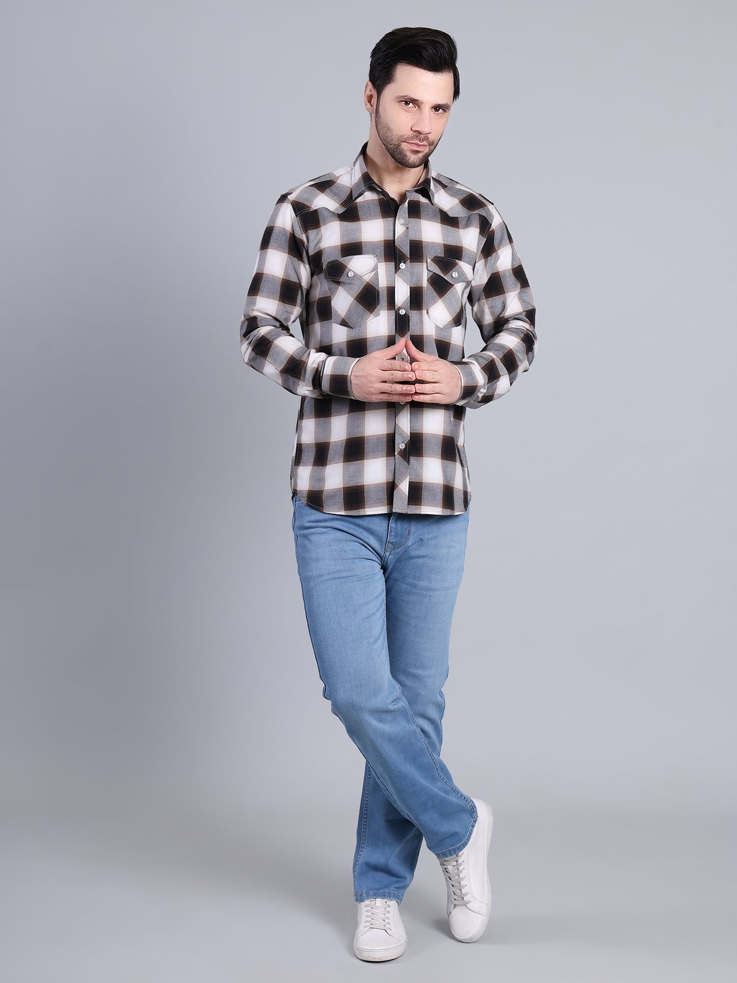 Stylox Men's Regular Fit Double Chest Pocket Check Casual Shirt (Brown)