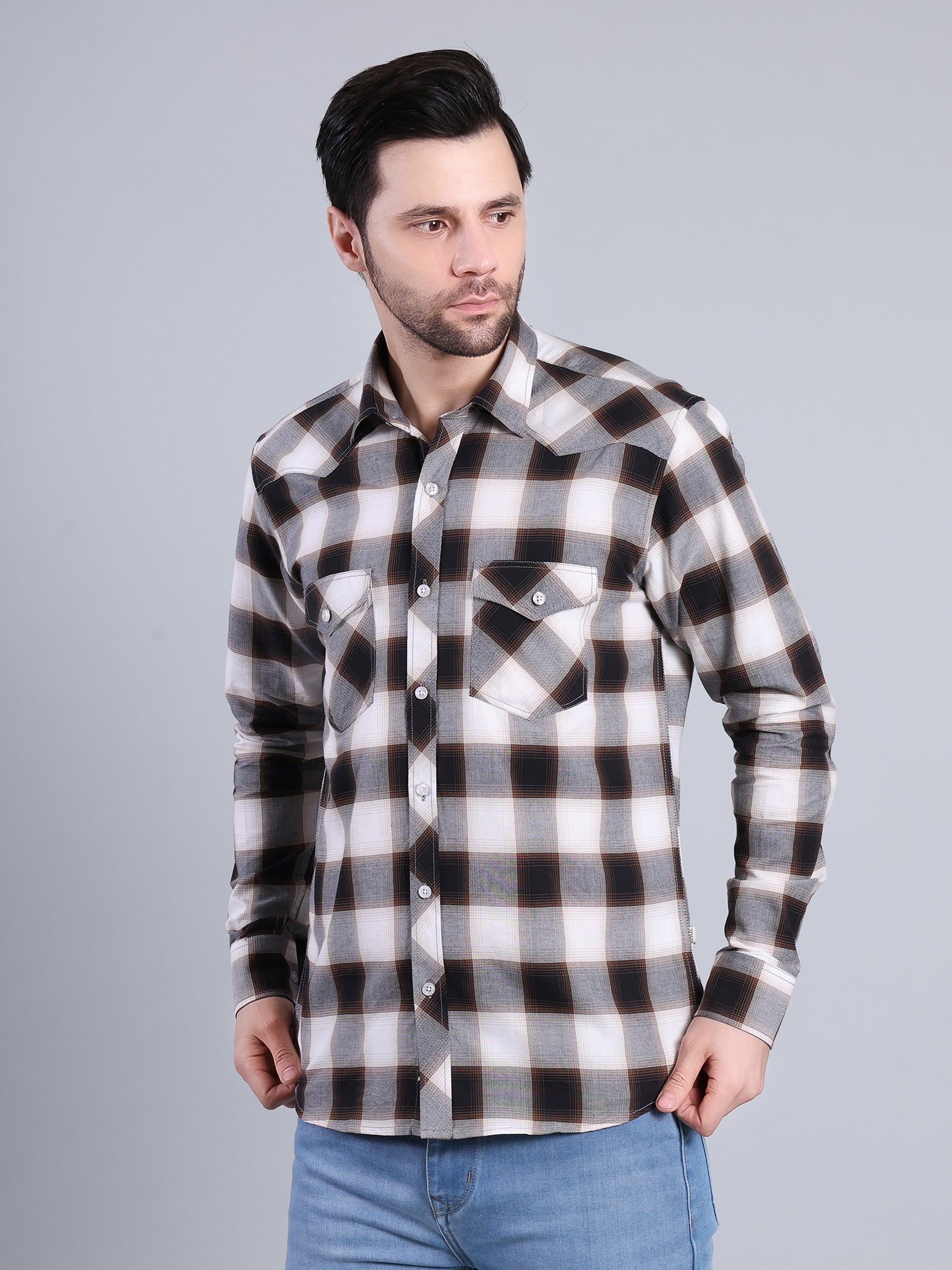 Stylox Men's Regular Fit Double Chest Pocket Check Casual Shirt (Brown)